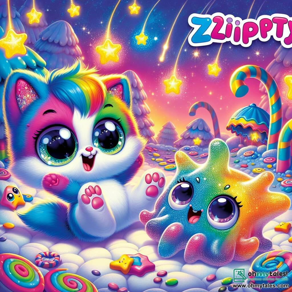 Zippity, a small Whiskerfluff with rainbow fur, big bright eyes, and a beaming smile, joyfully jumps on a marshmallow ground, his adorable tail wagging with excitement. Next to him, Twinkle, a brightly colored starfish, swims through the air with sparkling fins, displaying a look of wonder as she admires the scenery. Glimbles, a funny jelly character with a wobbly texture and sparkling eyes, laughs while rolling on the soft ground, surrounded by colorful candies. The setting is a fantastical world filled with candy cane trees, marshmallow hills, and starry skies, where shooting stars dance in the air. The scene captures the joyful moment of Zippity and his friends playing together, laughing and having fun in this magical universe.