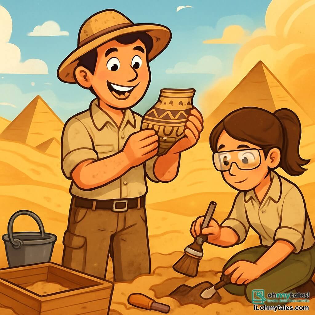 Un archeologo, Alessandro, è in piedi al centro dell'immagine, con un ampio sorriso di eccitazione sul volto. Indossa un cappello di paglia, una camicia beige a maniche corte e pantaloni cargo, tutti coperti di polvere di sabbia. Nelle sue mani tiene un antico frammento di ceramica decorata, che esamina con meraviglia. Alla sua destra, una giovane donna, Sofia, di circa 25 anni, è accovacciata, con i capelli castani raccolti in una coda di cavallo. Indossa una blusa da archeologo e occhiali protettivi, e tiene un pennello, pulendo delicatamente un piccolo artefatto sepolto nel terreno. Lo scenario è un vasto sito archeologico egiziano, con maestose piramidi sullo sfondo, dune di sabbia dorata che brillano al sole e una leggera brezza che solleva alcuni granelli di sabbia. Alessandro e Sofia stanno scoprendo antichi tesori, circondati da strumenti di archeologia, mentre una tempesta di sabbia si allontana all'orizzonte, lasciando spazio a una nuova avventura piena di misteri da esplorare.