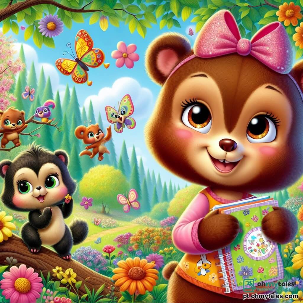 Tito, um pequeno urso marrom com olhos brilhantes e pelagem macia, está no centro da cena, com um grande sorriso no rosto, segurando um caderno decorado com desenhos coloridos. Ao seu lado, Nina, uma ursa negra com um bonito laço rosa no cabelo, observa com admiração um travesso esquilo que sobe em um galho, seus olhos brilhando de curiosidade. Ao fundo, um lindo bosquete de primavera está cheio de flores vibrantes, borboletas rodopiando e um céu azul claro salpicado de nuvens brancas e fofas. A cena principal mostra Tito e Nina explorando a natureza, cercados pela beleza da estação, descobrindo tesouros escondidos e maravilhando-se com cada detalhe vibrante de vida.