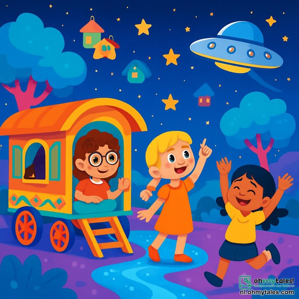 Er zijn 3 personages: - Anna: een 8-jarig meisje met krullend bruin haar en ronde bril. Ze zit in een prachtige kleurrijke caravan die in de zon glanst. - Lotte: een 7-jarig meisje met gevlochten blond haar en een stralende glimlach. Ze staat naast Anna en wijst naar de sterrenhemel. - Zara: een 8-jarig meisje met zwart haar en sprankelende ogen. Ze springt vrolijk met opgestoken armen, vol opwinding. De locatie is de planeet Glimmer, een feeëriek landschap met roze boomstammen en felblauwe bladeren. Glinsterende rivieren kronkelen door de grond en kleurrijke zwevende huizen zijn verspreid in de lucht. Heldere sterren verlichten de nacht en creëren een magische sfeer. De belangrijkste situatie toont de drie meisjes die de schoonheid van de planeet Glimmer ontdekken, verwonderd door de heldere kleuren en de vriendelijke wezens om hen heen. Ze dansen en lachen, delen een moment van vreugde en vriendschap onder een sterrenhemel, met een schitterend ruimteschip op de achtergrond.
