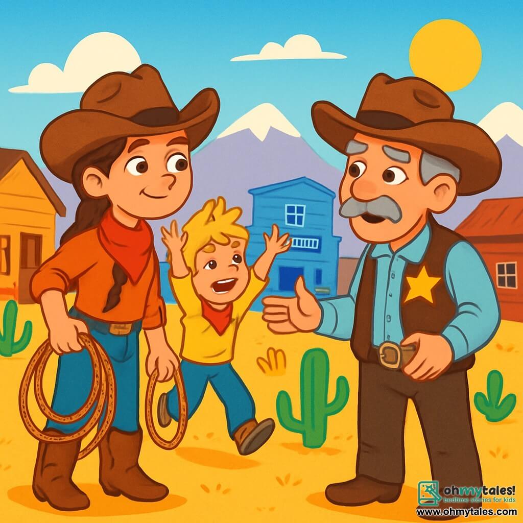 Cassie Wildhorse, a brave young woman with long braided brown hair, wears a worn cowboy hat and leather boots. Her face shows determination, with sparkling eyes full of curiosity. She firmly holds a lasso in her hand, ready for adventure. Beside her is Billy, a ten-year-old boy with messy blond hair and a mischievous smile, running towards her with outstretched arms as if he has important news. They are in a small American West village, featuring brightly colored wooden houses, scattered cacti, and a bright blue sky. In the distance, majestic mountains are visible under the shining sun. The main scene shows Cassie and Billy talking to Sheriff Pete, an older man with a gray mustache and a wide hat, who explains that the gold badge has been stolen by bandits. The atmosphere is filled with tension and excitement as Cassie prepares to search for the thieves, determined to recover the village's treasure.