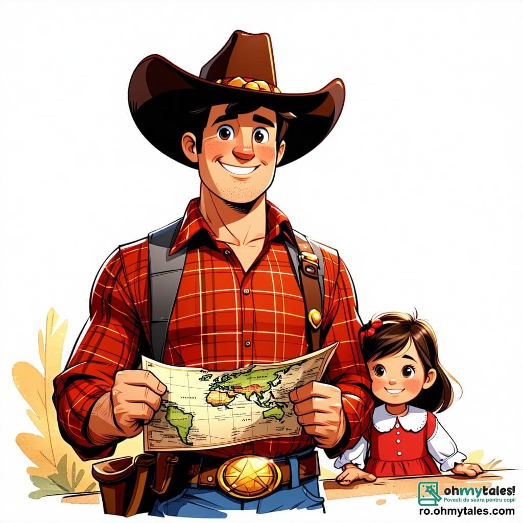 Un cowboy pe nume Jake stă în centrul imaginii, având o siluetă înaltă, purtând o pălărie mare de cowboy și o cămașă în carouri roșii. Fața lui este luminată de un zâmbet larg, exprimând entuziasm și curiozitate, în timp ce ține o hartă veche în mâini, pregătit pentru aventură. La dreapta lui, o fetiță pe nume Sally, de aproximativ 8 ani, cu părul creț și ochi strălucitori, privește harta cu uimire, având mâinile pe șolduri, plină de entuziasm. La stânga, Billy, un bărbat în vârstă cu o barbă lungă și albă și ochelari rotunzi, observă scena cu un zâmbet binevoitor, ținând o lanternă care luminează calea din fața lor. Decorul este o pădure densă, cu copaci majestuoși și frunze verzi vibrante, iar o lumină aurie a soarelui filtrează printre ramuri, creând o atmosferă magică. În fundal, o peșteră misterioasă se conturează, acoperită de iederă, invitând la explorare. Situația principală arată cum Jake, Sally și Billy se pregătesc să intre în peșteră, plini de entuziasm și curiozitate, gata să descopere secretele ascunse în interior.