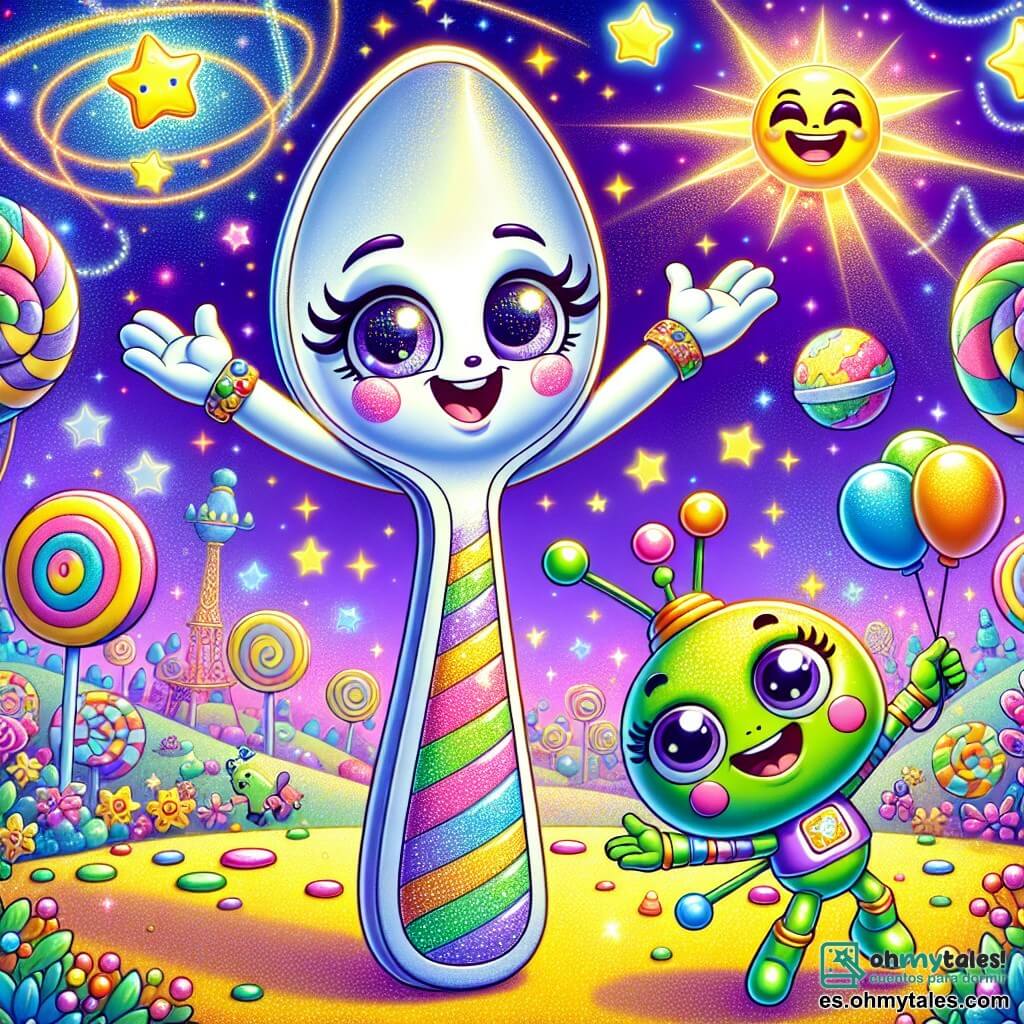 Cucharina, una pequeña cuchara antropomórfica con una cara sonriente y ojos brillantes, está en el centro de la escena, con los brazos abiertos y una expresión de alegría y asombro. Brilla bajo la luz de una estrella en el cielo, rodeada de colores vivos. A su derecha, Zippy, un pequeño alienígena redondo con piel verde y ojos enormes, salta de alegría, su sonrisa radiante muestra su entusiasmo. Lleva un traje espacial colorido que brilla bajo el sol de Colorina. En el fondo, el paisaje de Colorina es fantástico: árboles en forma de caramelos, flores multicolores que bailan con el viento y un cielo violeta salpicado de estrellas brillantes. La situación principal muestra a Cucharina y Zippy preparando una gran fiesta, con globos flotantes y guirnaldas de luz, mientras amigos coloridos los rodean, todos listos para disfrutar de un enorme pote de helado arcoíris.