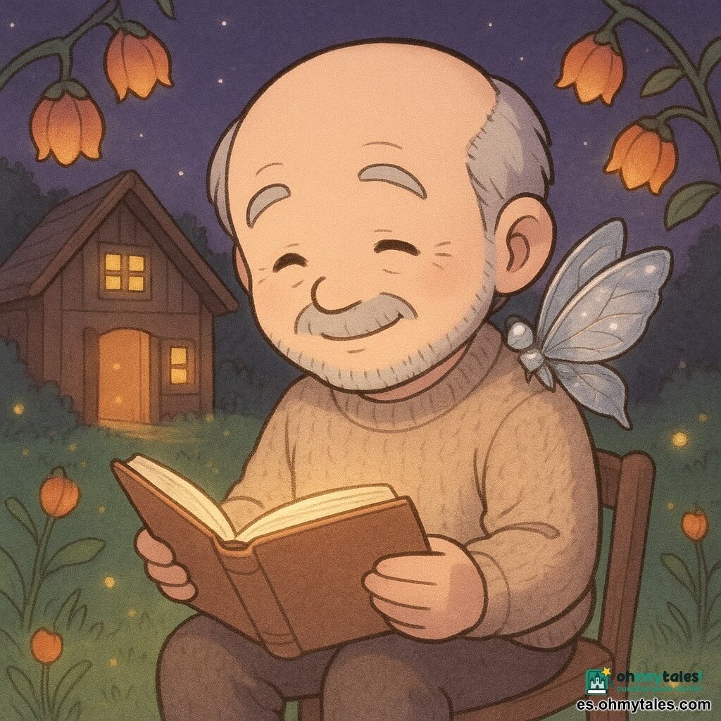 Un hombre de unos 60 años, rostro redondo, barba corta y gris, ojos risueños y sonrisa suave, vestido con lana beige, sentado en un pequeño sillón de madera sosteniendo un libro luminoso, lee con expresión serena y maravillada; un pequeño papalote plateado no humano con alas semiabiertas que brillan como metal pulido se posa en su hombro derecho; al fondo una casita de madera con ventanas en forma de luciérnagas y la puerta entreabierta deja salir una luz cálida que ilumina con manchas amarillas; claro nocturno con césped verde, flores-linterna naranjas colgantes, un arroyo plateado detrás de la casita y cielo violeta suave; escena íntima y mágica, estilo gráfico de trazos suaves, colores pastel cálidos, texturas de lana y madera, iluminación tenue y composición centrada en el hombre y el libro.