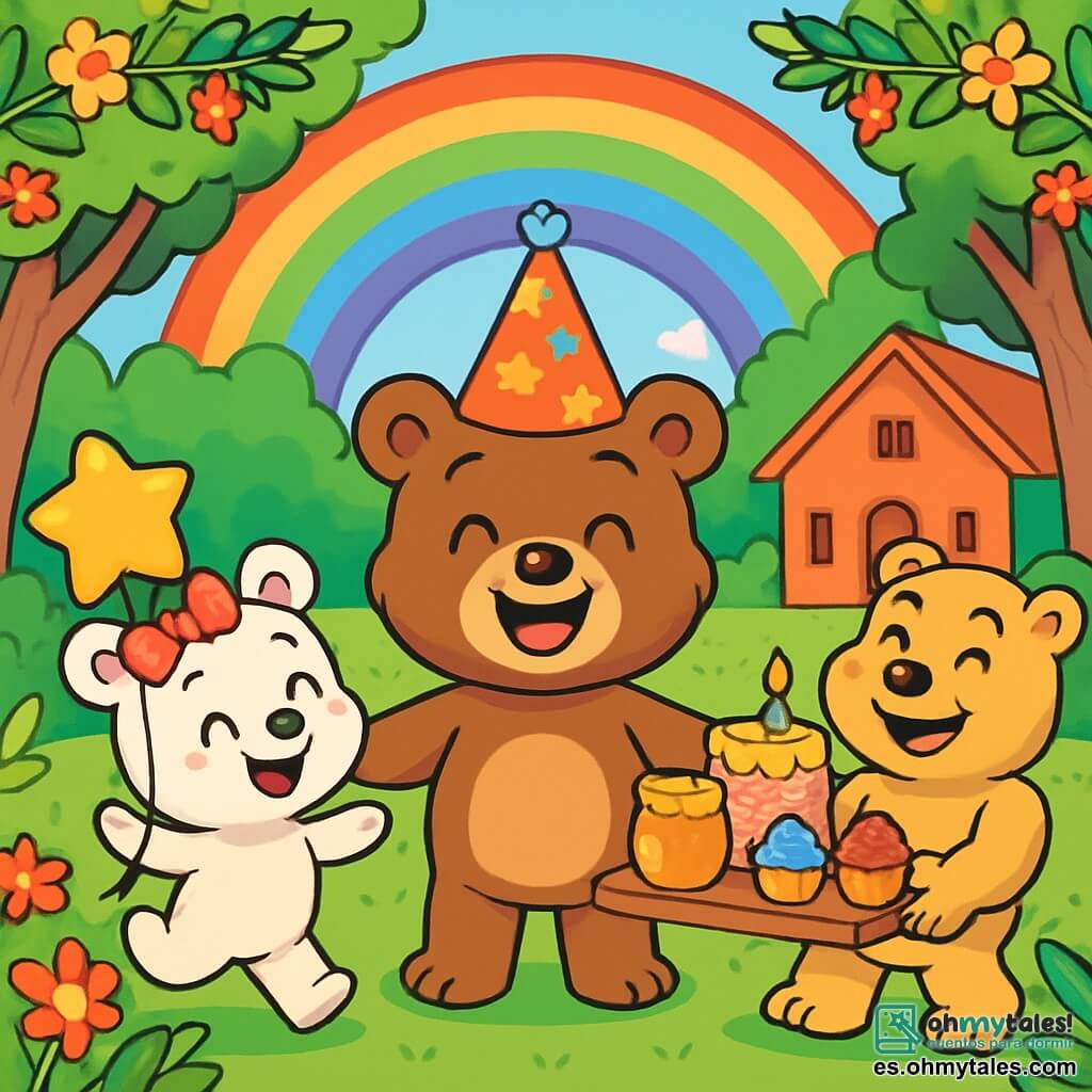 Un pequeño oso marrón llamado Gaspar, con una sonrisa radiante y ojos chispeantes de alegría, se encuentra en el centro de una fiesta de cumpleaños, llevando un sombrero de fiesta colorido con estrellas. A su derecha, Lulú, una pequeña osa blanca con un lazo rosa en la cabeza, baila alegremente sosteniendo un globo en forma de estrella. A su izquierda, Rolo, un oso musculoso con pelaje dorado, sonríe mientras levanta una gran mesa llena de pasteles de miel y pasteles coloridos. La escena tiene lugar bajo un cielo azul claro, con un gran arcoíris vibrante que se extiende sobre la escuela de madera, rodeada de majestuosos árboles. Los rayos del sol iluminan los rostros felices de los amigos de Gaspar, creando una atmósfera mágica y festiva. La situación principal muestra a Gaspar, rodeado de sus amigos, celebrando su cumpleaños, riendo y bailando bajo el arcoíris, llenos de felicidad y emoción.
