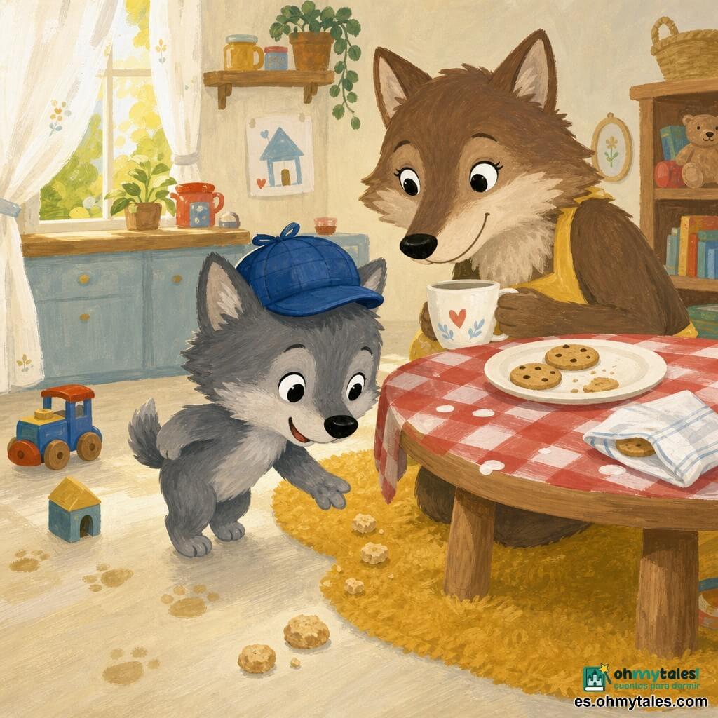 Un pequeño lobo gris llamado Lolo, de puntillas y con un gorrito azul de “detective”, extiende una pata hacia tres migas beige que forman un camino hacia una servilleta doblada donde se oculta una galleta; la mamá loba de pelaje marrón, con sonrisa tierna, agachada junto a la mesa sosteniendo una taza blanca, lo mira con cariño; sobre la mesa de madera clara hay un plato blanco con galletas, falta una, la servilleta está ligeramente arrugada y hay manchas de leche; cocina acogedora y luminosa con mantel de cuadros rojos y blancos, alfombra mostaza, rayo de sol por una ventana con cortina ligera, juguetes y pequeñas huellas en el suelo; escena centrada en Lolo y la servilleta, estilo gouache con texturas pintadas a mano, colores pastel cálidos, contornos suaves y detalles simples y legibles para bebé, ambiente reconfortante y lúdico.