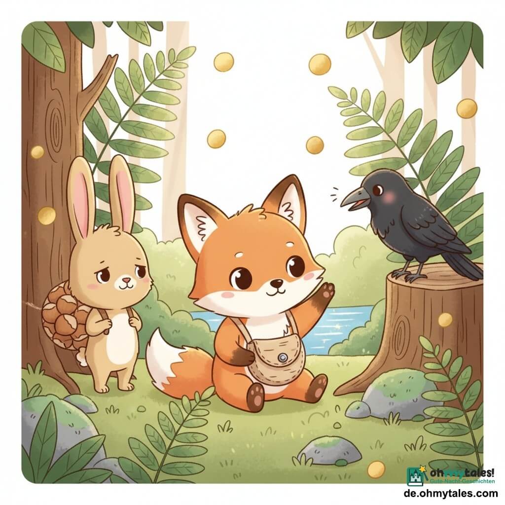 Hauptfigur: ein kleiner rotbrauner Fuchs (anthropomorph) mit glänzendem Fell, sanften, schelmischen Augen und ruhigem Lächeln, sitzt auf den Hinterbeinen und hält eine kleine Birkenrinden-Tasche mit silbernem Knopf; Nebenfigur 1: ein Kaninchen mit langen blonden Ohren, müdem aber erleichtertem Gesicht, trägt ein Bündel Haselnüsse auf dem Rücken und steht links am alten, abgesägten Baumstumpf; Nebenfigur 2: eine schwarze Krähe mit leicht glänzendem Gefieder und selbstbewusstem Blick, sitzt rechts auf dem Stumpf und neigt den Kopf, als würde es um etwas bitten; Szene: Waldrand im gedämpften Licht mit großen Farnen, dicker Moosbedeckung auf Steinen und einem kleinen funkelnden Bach im Hintergrund, Sonnenstrahlen wie Goldtaler zwischen den Blättern; Situation: der Fuchs hebt ruhig eine Pfote, um eine Grenze zu setzen, das Kaninchen blickt dankbar, die Krähe wartet — eine zentrierte, warme, weich kontrastierte Komposition mit runden Formen und klaren Gesichtsausdrücken, die ein sanftes „Nein“ zeigt.