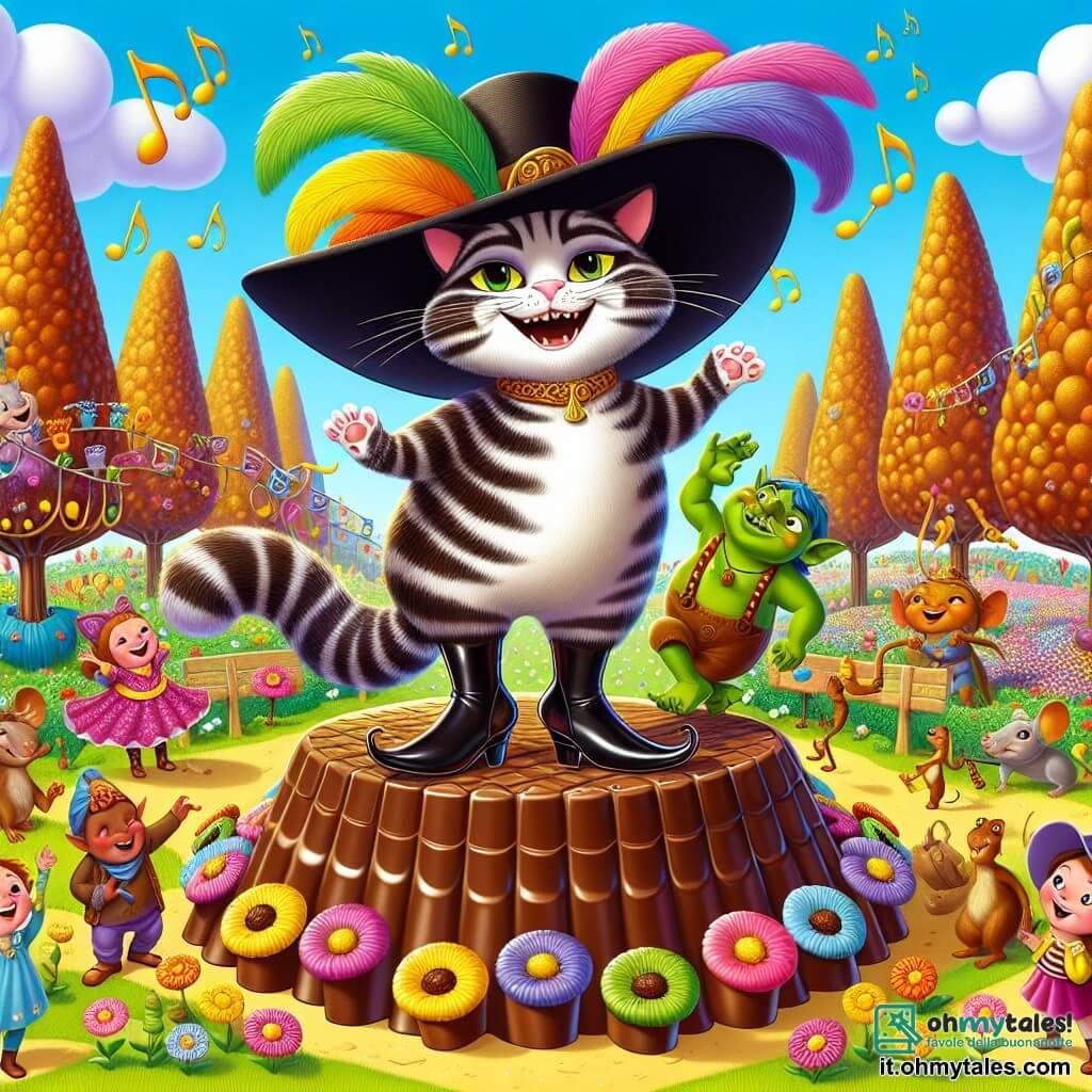 Il Gatto con gli Stivali, un gatto elegante con pelliccia setosa e striata, indossa un grande cappello nero decorato con una piuma colorata e stivali brillanti. Sorride radioso, pieno di gioia ed entusiasmo, mentre si trova su un grande podio di cioccolato, circondato da fiori cantanti. Accanto a lui, l'Orco, un grande personaggio dalla pelle verde e dagli occhi dolci, sta piantando semi colorati in vasi di terracotta, mostrando il suo desiderio di aiutare e rendere il mondo più bello. Lo scenario è un giardino incantato, pieno di fiori multicolori, alberi caramellati e nuvole soffici che fluttuano in un cielo blu splendente. Bambini ridacchianti, topi e rane danzano intorno, creando un'atmosfera gioiosa e magica. La scena rappresenta la Fiera delle Idee, dove tutti i personaggi si riuniscono per condividere le loro invenzioni e celebrare l'amicizia, con sorrisi brillanti e scoppi di risa che riempiono l'aria.