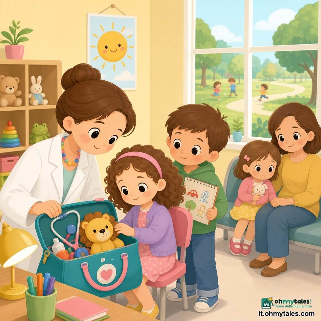 Dottoressa sorridente e dolce con capelli castani raccolti in uno chignon, indossa un ampio camice bianco e una collana colorata e apre una grande valigia colorata mostrando un minuscolo stetoscopio, una luce per la gola e un pupazzo-leone; Marta, circa 6 anni, capelli ricci con cerchietto rosa, tocca il pupazzo seduta accanto alla dottoressa; Marco, circa 9 anni, capelli corti castani, curioso, sta in piedi con un quaderno di disegni e guarda lo stetoscopio; Alice, circa 5 anni, timida ma sorridente, è su una sedia d’attesa vicino alla finestra tenendo la mano della mamma; studio medico luminoso con pareti giallo chiaro, poster di un sole sorridente, scaffali bassi con giocattoli e una grande finestra su un parco, atmosfera rassicurante in stile kawaii minimal con palette pastello, ombre morbide ed espressioni dai grandi occhi lucidi.