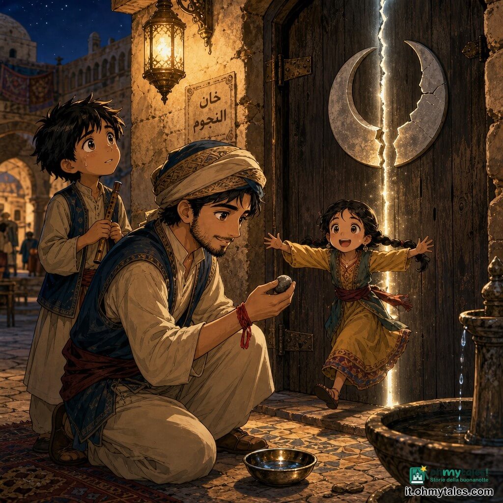 Un uomo di nome Karim, viso rotondo, barba leggera, sguardo deciso e dolce, leggero sorriso, inginocchiato davanti a una porta di legno scuro con un segno di luna rotta che si ricompone, posa una piccola ciotola lucente e stringe un ciottolo liscio nella mano destra; un ragazzo di circa 9 anni, Yasin, capelli neri arruffati, occhi umidi ma curiosi, tiene una piccola flauto di canna, è in piedi dietro Karim a sinistra e guarda la porta con speranza; una bambina di circa 6 anni, Lina, capelli intrecciati, vestito semplice e colorato, esce dalla porta aperta correndo verso Yasin ridendo con le braccia aperte; scena nella corte di un caravanserraglio con pavimento a mosaico usurato, muro di pietra ocra, fontana secca a destra con una sottile goccia d’acqua, tappeti sbiaditi a terra e lanterna sospesa che diffonde una luce calda; la luce argentea filtra dall’apertura della porta; palette di colori: ocra, blu notte, oro caldo e rosso profondo per il filo al polso di Karim; atmosfera calma e magica, texture visibili di legno, pietra e tessuti, riflessi morbidi sulla ciotola; prospettiva ravvicinata, composizione centrata su porta e tre personaggi, stile manga espressivo con linee nette e occhi grandi adatto ai bambini.