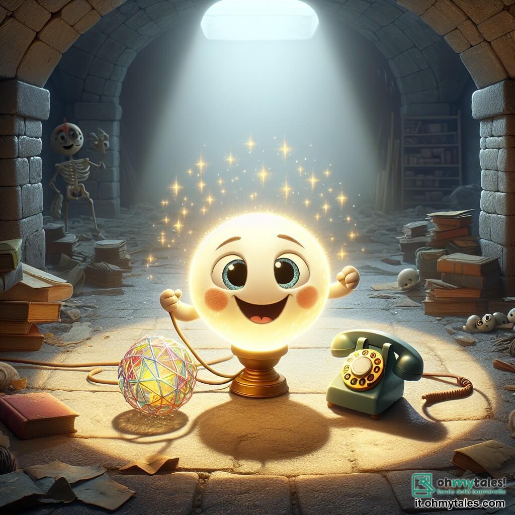Lampa, un piccolo lampione luminoso dalla forma rotonda e un sorriso radioso, si trova al centro di una vasta sala sotterranea, illuminando lo spazio con la sua dolce luce dorata. Esprime grande determinazione e gioia, con gli occhi scintillanti di curiosità mentre libera una sfera di cristallo brillante circondata da fili intrecciati. Accanto a lui, Telefono, un telefono giocattolo dai colori vivaci e con occhi espressivi, guarda Lampa con ammirazione, il suo volto riflette speranza ed eccitazione. La sala è piena di vecchi libri polverosi e oggetti misteriosi, con muri di pietra grigia e scaffali di legno usurato. Ombre danzano attorno a loro, creando un'atmosfera magica e intrigante. In questa scena, Lampa e Telefono lavorano insieme per liberare la luce perduta, simboleggiando amicizia e coraggio, nel cuore di un luogo misterioso dove la magia attende di essere riscoperta.
