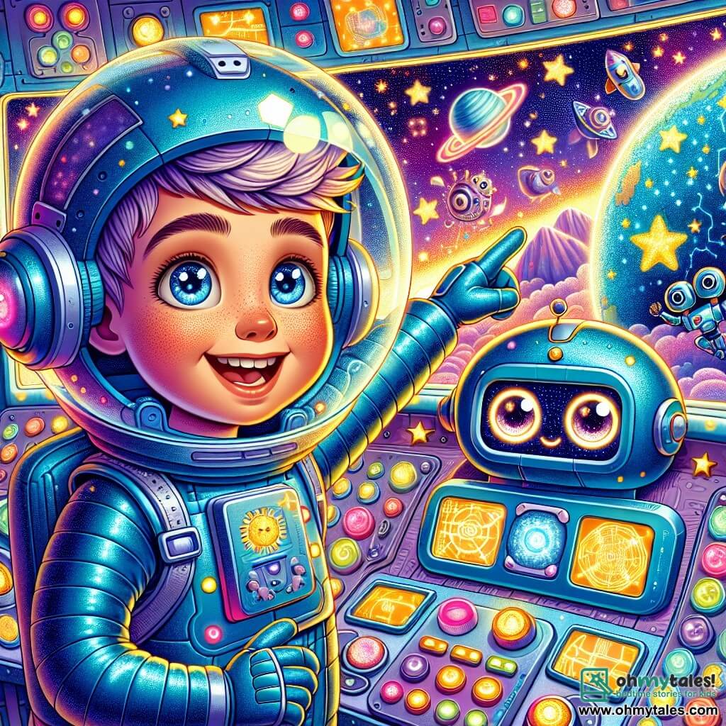A young boy named Max, around 10 years old, is wearing a shiny blue spacesuit and a clear helmet. His face shows excitement and curiosity, with bright sparkling eyes and a wide smile. He is standing inside his spaceship, the Sparkle Star, surrounded by glowing buttons and screens displaying star maps. Next to him, Beep, a friendly robot with rounded shapes and blinking eyes, is scanning the stars with a small device. The spaceship is floating above a colorful planet with purple mountains and sparkling oceans below. The main scene shows Max pointing at a mysterious planet through the window, ready for adventure, with bright stars and fluffy clouds all around.