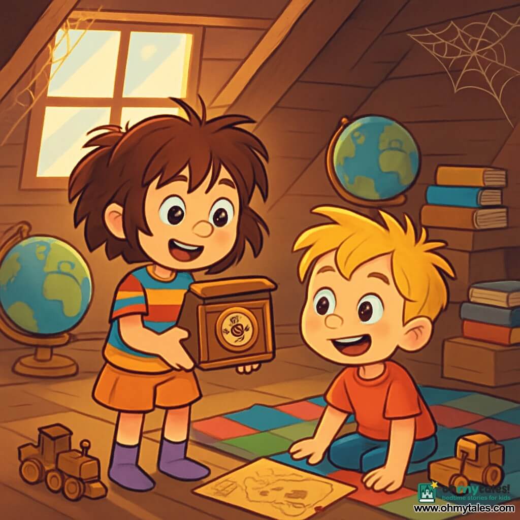 A 6-year-old girl, Mia, with messy brown hair and sparkling curious eyes, stands in a dusty attic. She wears mismatched purple socks and a colorful striped t-shirt. Her face shows wonder and excitement as she discovers a small wooden box adorned with a brass dial. Next to her, a boy her age, Ben, with tousled blonde hair and a bright smile, looks at the box with fascination. He sits on an old patchwork blanket, surrounded by wooden toys and old maps. The attic is filled with soft light filtering through a dusty window, illuminating globes and stacked books. Cobwebs in the corners add a mysterious touch to the atmosphere. The main scene shows Mia and Ben exploring the magical box together, their eyes shining with excitement, ready to uncover the secrets of time travel.