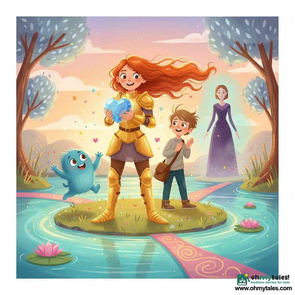 A smiling, determined female knight in gleaming golden armor with warm highlights and long red hair flowing in the wind holds the Heart of the Forest — a blue, heart-shaped stone glowing softly with sparks. Beside her, young squire Oliver (about 10) with light brown hair, a leather satchel, and awed eyes claps joyfully, standing slightly behind on her right. To the left near the water, Winky, a fluffy blue nonhuman creature with big curious eyes and tiny paws, jumps for joy. In the background the enchantress Morwenna, slim in a dark purple robe and light mist, watches with a surprised but not wholly malevolent expression. The scene is on a small island in the center of an enchanted turquoise lake with glowing magic paths leading to it, pink water lilies, silver-leaved trees and a pastel sunset sky — a gentle triumphant moment as the knight has reclaimed the magic stone, warm and wondrous with small sparks and colorful reflections around the characters.