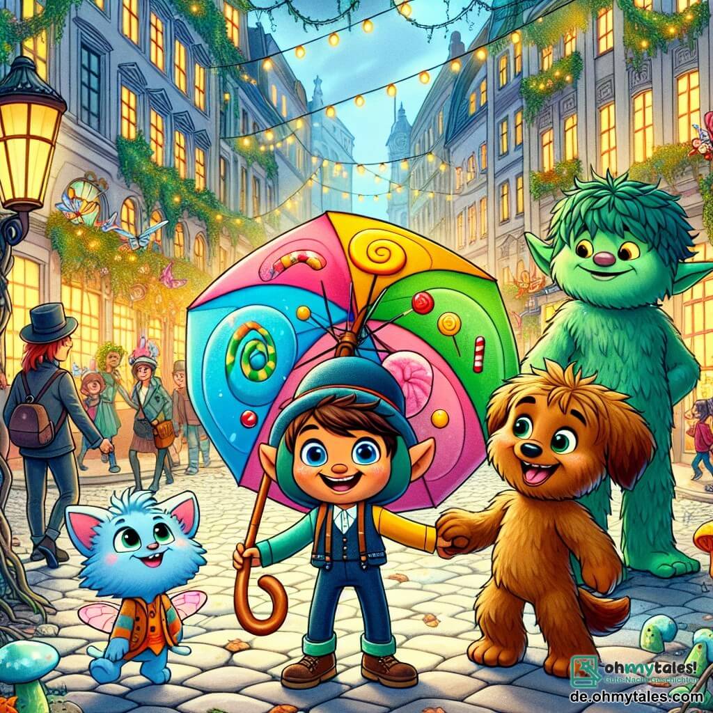 Simon, ein kleiner bunter Regenschirm mit zuckerstockförmigen Stielen und einem fröhlichen Lächeln, steht in der Mitte des Bildes mit offenen Armen, bereit, die magische Stadt zu erkunden. An seiner Seite ermutigt ihn Fido, ein großer pelziger Hund mit braunem Fell und funkelnden Augen vor Aufregung, mit einem freundlichen Blick, während sein Schwanz fröhlich wedelt. Im Hintergrund tauschen zwei Trolle, einer grün mit zerzausten Haaren und der andere blau mit einem Blätterhut, verschwörerische Lächeln aus, während sie sich die Hände halten und ihre neue Freundschaft zeigen. Die Szenerie ist eine belebte Straße in Berlin, wo alte Gebäude mit bunten Fassaden sich mit funkelnden Lichtern und Kletterpflanzen vermischen. Fantastische Kreaturen wie Feen und Kobolde schlängeln sich zwischen den Passanten hindurch und verleihen der Atmosphäre einen Hauch von Magie. Die Hauptsituation zeigt Simon und seine Freunde, die bereit sind, sich auf ein Abenteuer zu begeben, umgeben von Geheimnissen und Rätseln, die es zu entdecken gilt, mit einem Funkeln der Aufregung in ihren Augen, während ein leuchtender Regenbogen über ihnen erscheint und die unendlichen Möglichkeiten symbolisiert, die auf sie warten.