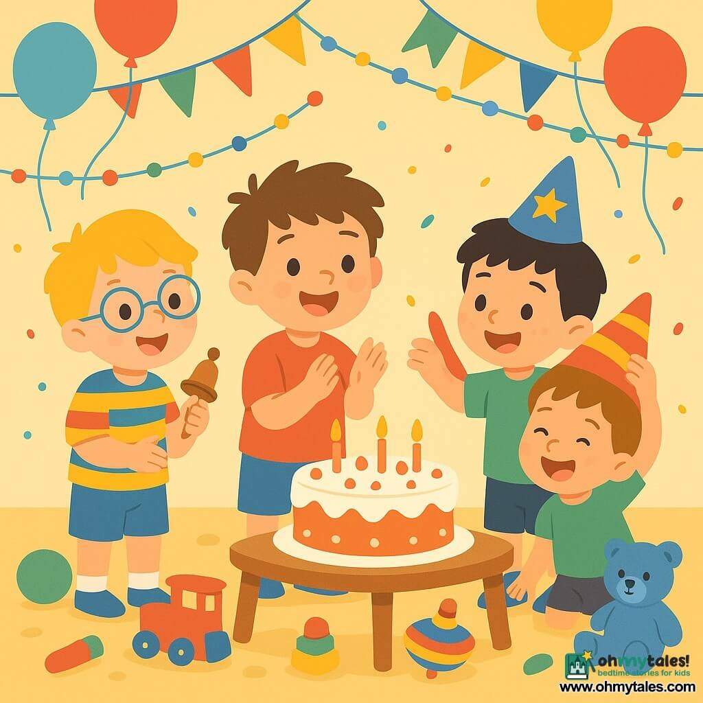 There are 4 children: Max, a 4-year-old boy with messy brown hair, wearing a red t-shirt and blue shorts, clapping his hands with a big smile in the center of the room; Leo, a 5-year-old boy with blond hair and round glasses, dressed in a multicolored striped shirt, shaking a small bell slightly to the left of Max; Tom, a 4-year-old boy with black hair and freckles, wearing a party hat, to the right of Max, placing a large hat on Sam's head; and Sam, a 3-year-old boy with brown hair and a bright smile, wearing a green t-shirt, slightly behind, laughing as the hat slips over his eyes. The setting is a bright playroom filled with colorful balloons floating from the ceiling and sparkling garlands. A large birthday cake decorated with candles sits on a wooden table, surrounded by toys scattered on a plush carpet. The main scene shows the four boys celebrating a joyful birthday, with laughter and applause as they play together and blow out the candles on the cake, creating a festive and warm atmosphere.
