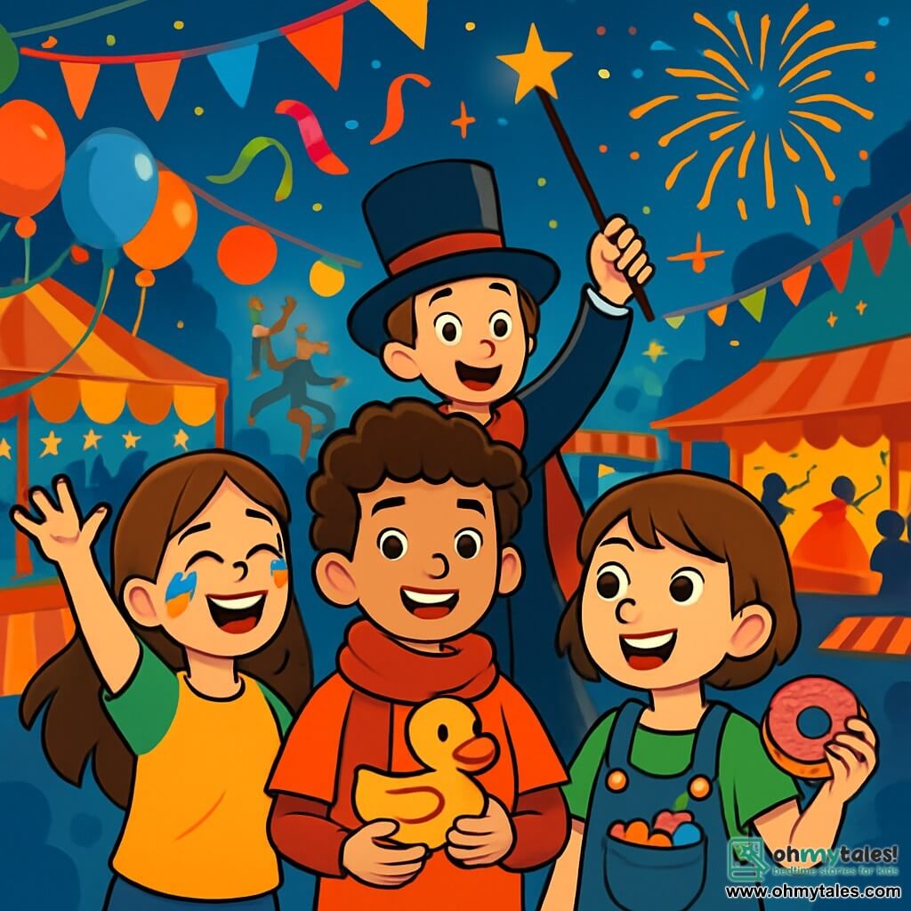 There are four children: Elijah, an 11-year-old boy with curly hair and a bright red scarf, stands in the center, smiling and holding a yellow rubber duck. Lila, an 11-year-old girl with rainbow-painted cheeks and long brown hair, is to the left of Elijah, laughing and raising her arms in the air. Zara, an 11-year-old girl with short hair and pockets full of candy, is to the right of Elijah, holding a sweet donut and looking around with sparkling eyes. Theo, an 11-year-old boy wearing a magician's cape and a top hat, stands behind Elijah, enthusiastically waving a magic wand. The main scene takes place in a lively carnival square filled with bright colors, twinkling lanterns, and food stalls. Balloons float in the air, and crepe paper decorations dance in the wind. In the background, a stage adorned with fairy lights hosts performers, cheered on by the crowd. The main situation shows the four friends together, laughing and having fun amidst the festivities, surrounded by jugglers, dancers, and dazzling fireworks lighting up the night sky.