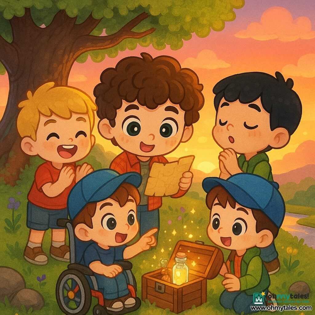 Four boys: Oliver, ~10, curly brown hair, large curious green eyes, plaid shirt, holding an old yellowed map in his right hand, centered and leaning toward a small wooden box; Sam, ~9, short blond hair, wide smile, red t‑shirt, left of Oliver, clapping joyfully; Leo, ~10, short black hair, slender nose, green vest, right of Oliver, sniffing the air as if following a scent; Max, ~10, light brown hair, wearing a blue cap and using a colorful stickered wheelchair, slightly in front left, pointing at a small shiny glass vial in the box. Setting: grassy hill at sunset with purple and yellow wildflowers, an ancient oak to the left, a sparkling river below, golden sky with pink clouds, textured grass and mossy stones around a partially buried small wooden box. Main scene: the four children discover the open box at the oak’s base containing a glowing perfume vial and a wooden figurine, they look amazed, warm magical atmosphere, saturated colors, soft edges and faint sparkles around the vial indicating a mysterious scent.