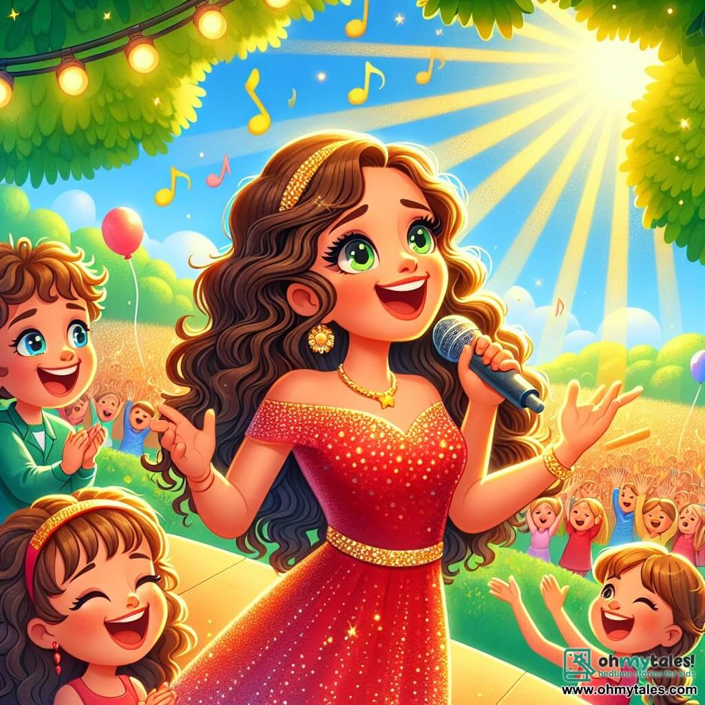 Lila, a cheerful young woman, wears a sparkling red dress that shines in the sun. She has long wavy brown hair and a big smile that lights up her face as she passionately sings on stage. Next to her, Max, a 7-year-old boy with curly hair and sparkling eyes, claps enthusiastically, while his sister Lily, a 6-year-old girl with pigtails, joyfully dances and sings. The scene takes place on a large outdoor stage, surrounded by an enthusiastic audience, with green trees in the background and colorful balloons floating in the air. Golden rays of sunlight illuminate everything, creating a festive and warm atmosphere. Lila, Max, and Lily sing together a joyful song about the sun, uniting their voices in an upbeat melody, while the audience encourages them with applause and smiles.