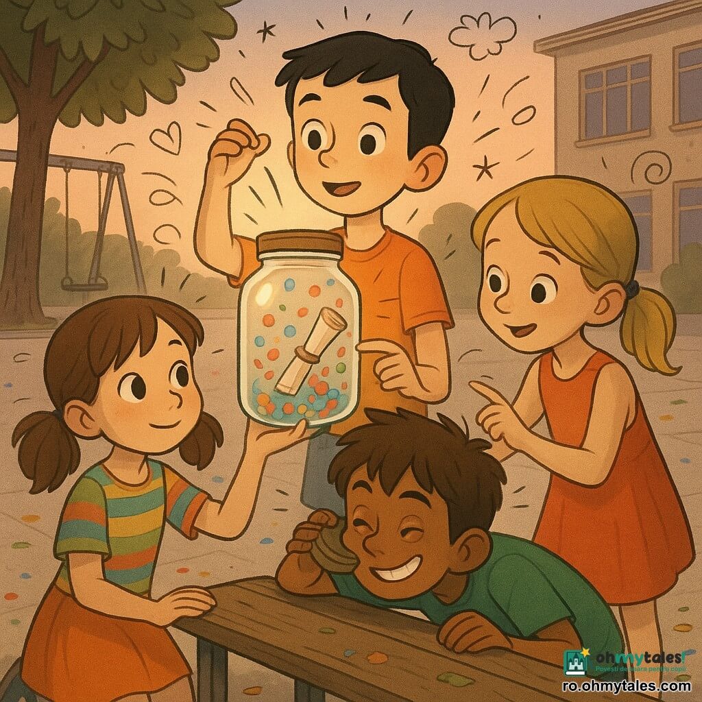 Sunt patru copii: Mara, ~8 ani, păr castaniu în două codițe, ținută colorată, ține un borcan mare de sticlă în stânga imaginii și-l privește curios; Andrei, ~9 ani, păr negru scurt, creion după ureche, în centru, ridică borcanul spre lumină ca un detectiv; Daria, ~8 ani, păr blond în coadă, rochie vie, la dreapta borcanului, atinge ușor sticla cu un deget; Vlad, ~9 ani, păr șaten ciufulit, cu o privire șugubeață, este ghemuit în fața băncii, lipindu-și urechea de capac; în curtea școlii, după-amiază, sol din piatră deschisă, o leagănă veche și o bancă de lemn uzată în fundal, un castan mare în stânga, câteva foi și confetti împrăștiate; toți în jurul unui borcan care face „plic” cu confetti colorate și un bilețel rulat, atmosferă veselă și surprinsă, privirile și gesturile convergând spre borcan.
