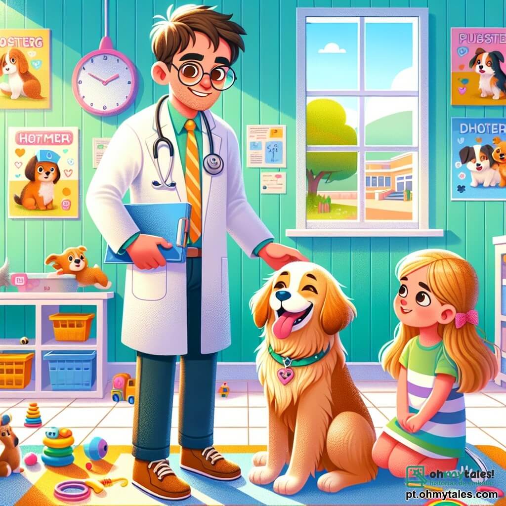 O Dr. Ricardo é um homem de cerca de trinta anos, com cabelos castanhos e óculos redondos que lhe conferem um ar simpático. Ele usa um jaleco branco, um estetoscópio ao redor do pescoço e exibe um largo sorriso, demonstrando sua paixão pelos animais. Ele está examinando um golden retriever alegre, chamado Max, que está aos seus pés, com a língua de fora e os olhos brilhantes. Ao lado dele, Laura, uma menina de 8 anos com longos cabelos loiros e um vestido colorido, observa maravilhada, segurando um pequeno caderno para anotar o que aprende. Lucas, um garoto de 9 anos com cabelos castanhos e uma camiseta listrada, se inclina para acariciar Max, exibindo um sorriso satisfeito. A cena acontece dentro de uma clínica veterinária iluminada e acolhedora, com paredes pintadas de verde pastel e cartazes coloridos sobre cuidados com animais. Brinquedos para animais estão espalhados pelo chão, e uma grande janela deixa entrar a luz do sol, iluminando o espaço. O Dr. Ricardo está explicando às crianças como ouvir o coração de um animal com um estetoscópio, enquanto Max, o golden retriever, está alegremente ao seu lado, criando uma atmosfera de aprendizado e felicidade compartilhada.