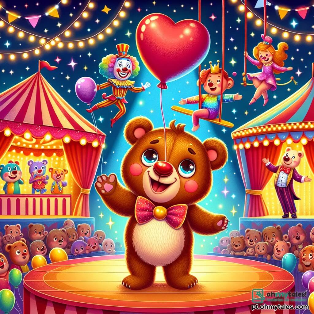 Um urso curioso chamado Pipo, com pelagem marrom e olhos brilhantes de alegria, dança entusiasticamente no centro de um colorido picadeiro de circo, cercado por luzes vivas e balões flutuantes. À sua direita, um palhaço alegre, com nariz vermelho, cabelos coloridos e um grande sorriso, ri segurando um enorme balão em forma de coração, adicionando um toque de alegria à cena. À esquerda, uma trapezista graciosa, vestida com um traje cintilante e suspensa no ar, executa acrobacias com um sorriso radiante, cativando a atenção de todos. O local é um circo vibrante, cheio de tendas listradas, guirlandas luminosas e um público maravilhado, todos aplaudindo e rindo. A cena principal mostra Pipo, com o coração transbordando de felicidade, dançando alegremente no meio de seus novos amigos, celebrando a magia e a alegria do circo.