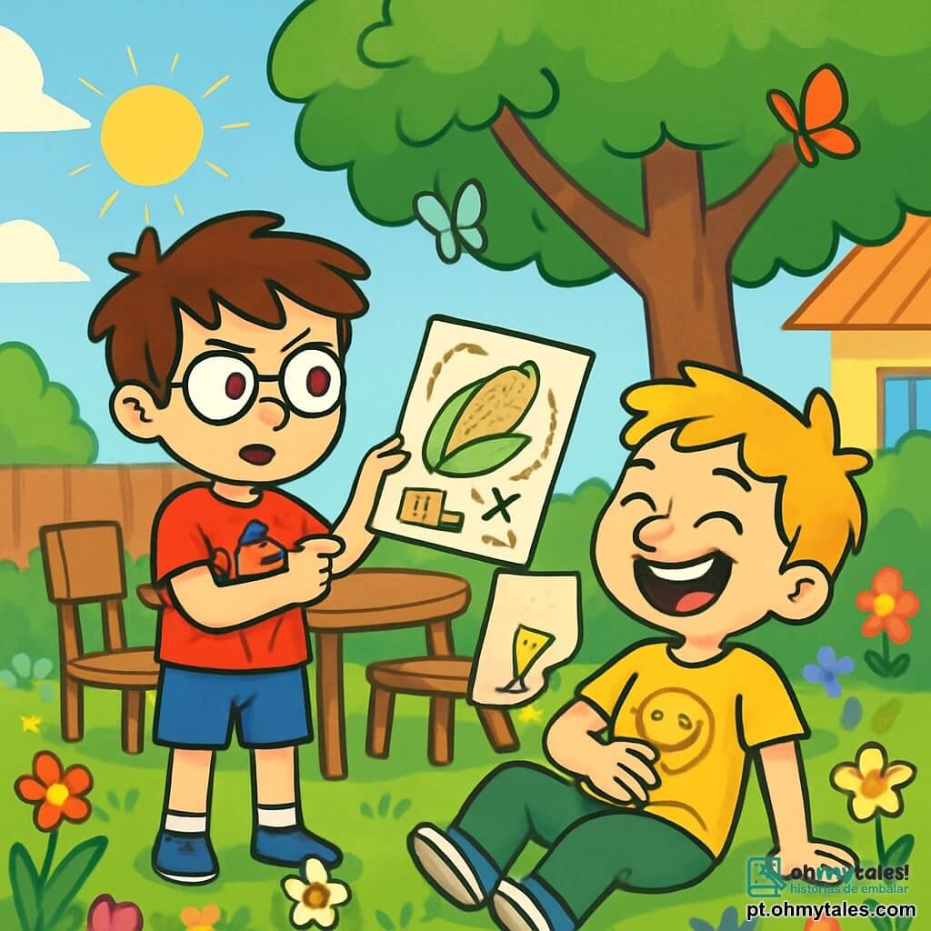 Há 2 personagens principais: - Tomás: um garoto de 9 anos, com cabelos castanhos bagunçados e óculos redondos. Ele usa uma camiseta vermelha com um desenho de super-herói e um short azul. Ele está de pé, com os braços cruzados, com um olhar determinado. - Léo: um garoto de 9 anos, com cabelos loiros e sardas no rosto. Ele usa uma camiseta amarela com um sorriso desenhado e uma calça verde. Ele está sentado no chão, rindo alto, com uma mão na barriga. O local da história é o jardim da casa de Tomás, cheio de flores coloridas, com borboletas voando. Há uma grande árvore no centro, sob a qual há uma pequena mesa de madeira com cadeiras. O sol brilha e a grama é verde vibrante. A situação principal mostra Tomás e Léo descobrindo um bilhete misterioso na mesa, com desenhos de pamonha e um mapa do tesouro. Tomás, com um ar sério, explica a Léo sua missão de encontrar a pamonha perdida, enquanto Léo ri, imaginando as aventuras que viverão.