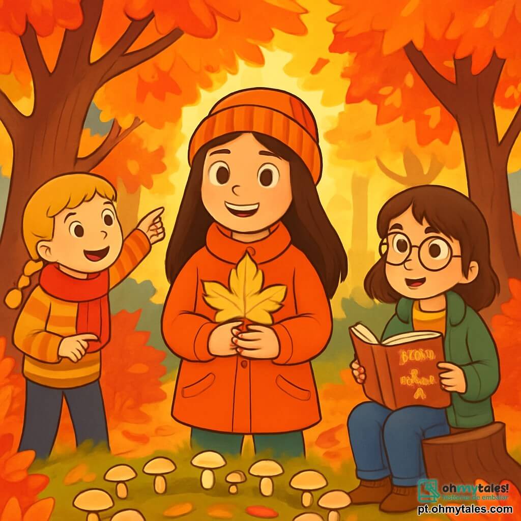 Há 3 personagens: Clara, uma menina de 10 anos com longos cabelos castanhos, vestindo um casaco laranja brilhante e um gorro de lã, está de pé no centro, sorrindo e segurando uma folha de bordo dourada. Júlia, também de 10 anos, com cabelos loiros trançados, usa um cachecol vermelho e um suéter listrado; ela está ligeiramente à esquerda de Clara, apontando para uma árvore majestosa. Sofia, com cabelos castanhos e óculos redondos, está à direita de Clara, sentada em um tronco de árvore, folheando um livro sobre lendas do outono. O cenário é uma floresta encantada com árvores adornadas por folhas vibrantes: vermelhas, laranjas e amarelas. O chão é coberto por um tapete de folhas secas, e um suave raio de sol atravessa os galhos, iluminando a cena com uma luz dourada. As três amigas exploram a floresta, maravilhadas com a beleza do outono, enquanto descobrem um círculo de cogumelos misteriosos entre as árvores, com expressões de curiosidade e encantamento em seus rostos, criando uma atmosfera mágica e acolhedora.