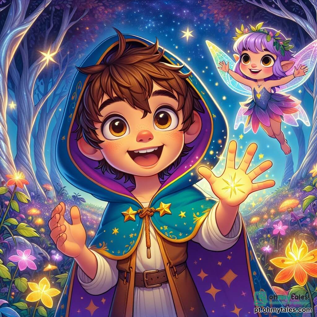 No centro da imagem, um jovem garoto de cinco anos, Léo, é representado como um aprendiz de feiticeiro. Ele veste uma capa de aventureiro azul brilhante, com estrelas douradas, e um grande sorriso iluminado pela excitação. Seus cabelos castanhos estão bagunçados, e seus olhos brilham de maravilha enquanto ele estende a mão para uma luz dourada que sai de suas palmas. Ao seu lado, a Fada Lila, uma pequena criatura mágica de cerca de quinze centímetros, voa com asas cintilantes. Ela tem longos cabelos roxos e usa um vestido feito de pétalas de flores. Ela sorri com orgulho ao olhar para Léo, com as mãos levantadas para encorajá-lo. Ao fundo, uma floresta mágica se desdobra, com árvores de troncos prateados e folhas multicoloridas que brilham sob um céu estrelado. Flores luminosas emitem um suave brilho, e criaturas encantadas, como borboletas e pássaros coloridos, voam ao redor deles. A cena principal mostra Léo, maravilhado, liberando uma onda de cores vibrantes que se elevam no ar, iluminando a cena com alegria e magia. As cores dançam ao seu redor, simbolizando a magia da amizade e da criatividade, enquanto a Fada Lila o encoraja com entusiasmo.