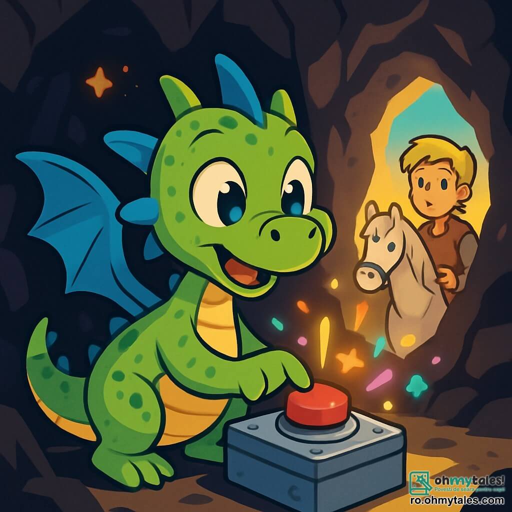 Un mic dragon numit Norblin, cu solzi verzi strălucitori și aripi albastre ca cerul, stă într-o peșteră întunecată, cu ochii mari și curioși. El apasă un buton mare și roșu de pe o cutie metalică misterioasă, iar lumini colorate strălucesc în jurul său. În fundal, un băiat cu părul blond și haine dintr-o epocă trecută, cu o expresie de surpriză, îl privește atent, stând lângă un cal cu blană albă ca zăpada. Peștera este plină de umbre și lumini, cu pereți de rocă umedă și o crăpătură prin care pătrunde lumina soarelui. Norblin, plin de emoție și curiozitate, este pregătit să descopere o lume nouă, în timp ce băiatul îl observă cu fascinație.
