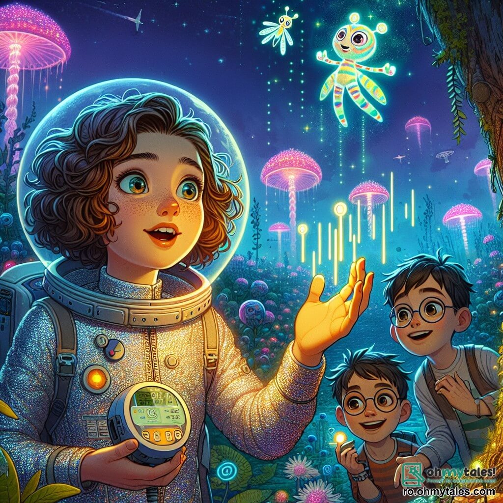 În prim-plan, Mira, o fetiță de 12 ani cu părul brun și creț, poartă o costum de astronaut argintiu strălucitor. Fața ei exprimă o mare excitație și curiozitate, în timp ce observă cu uimire un grup de creaturi luminoase care dansează în jurul mâinii ei întinse. Alături de ea, Alex, un băiat de 13 ani cu ochelari rotunzi și părul blond zbârlit, ține un aparat de măsurare în mâini, privind atent datele de pe ecran cu o expresie concentrată și entuziastă. În fundal, Radu, un băiat de 12 ani cu părul negru și neted, ajustează setările unui mic robot de explorare, zâmbind la reacțiile creaturilor. Scena se desfășoară pe o planetă extraterestră, acoperită de o vegetație strălucitoare, cu copaci cu trunchiuri în spirală și flori luminescente care floată în aer. Cerul este de un violet profund, presărat cu stele strălucitoare și două soare strălucitoare la orizont, creând o atmosferă magică și misterioasă. Mira și prietenii ei comunică cu creaturi extraterestre care emit lumini colorate, descoperind astfel un nou limbaj fascinant în timp ce explorează minunile acestei planete necunoscute.