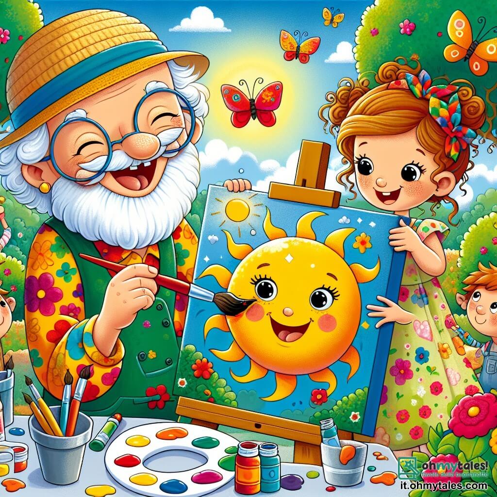Un vecchio uomo, Giovanni, con una barba bianca e occhiali rotondi, sorride felicemente mentre dipinge un grande sole giallo su una tela. Indossa una camicia colorata e un cappello di paglia, i suoi occhi brillano di entusiasmo mentre mescola i colori. Accanto a lui, Sara, una bambina di 8 anni con capelli ricci e un vestito floreale, tiene un pennello e si impegna a dipingere un pesce rosso sulla tela, con un grande sorriso sul volto, piena di immaginazione. Marco, un ragazzo di 7 anni con capelli castani disordinati e una maglietta blu, osserva attentamente il quadro, pronto ad aggiungere il suo tocco personale. Il loro giardino è un vero paradiso colorato, pieno di fiori vivaci, farfalle svolazzanti e un cielo azzurro chiaro. Gli alberi verdi circondano il giardino, e una dolce brezza fa danzare le foglie. La scena mostra Giovanni, Sara e Marco mentre creano insieme un magnifico quadro, ciascuno aggiungendo il proprio colore e la propria immaginazione, circondati dalla bellezza della natura.