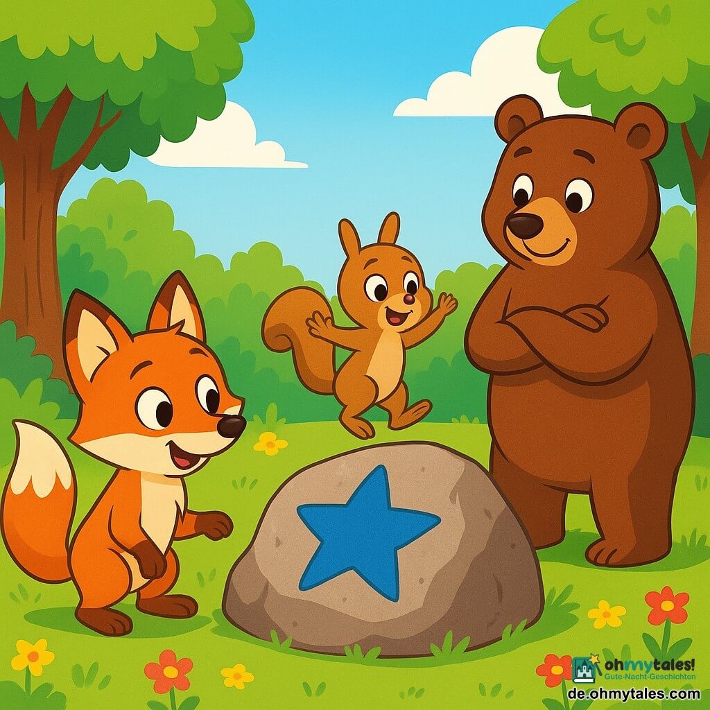 Ein kleiner schlauer Fuchs, Fips, mit leuchtend orangefarbenem Fell und einem buschigen Schwanz, schaut neugierig und begeistert auf einen großen Felsen, der mit einer blauen Sternzeichnung bedeckt ist. Seine Augen funkeln vor Aufregung, während er sich leicht nach vorne lehnt, bereit, das Rätsel zu lösen. Neben ihm springt Lilli, ein kleines Eichhörnchen mit hellbraunem Fell und funkelnden Augen, vor Freude mit erhobenen Pfoten und zeigt auf den Felsen mit einem bewundernden Gesichtsausdruck. Weiter entfernt steht Bruno, ein großer, freundlicher Braunbär, mit verschränkten Armen und einem amüsierten Lächeln, interessiert beobachtend. Die Szene spielt in einer sonnigen Lichtung, umgeben von majestätischen Bäumen mit leuchtend grünen Blättern und bunten Blumen, die den Boden bedecken. Im Mittelpunkt zieht der große Felsen mit der geheimnisvollen blauen Zeichnung alle Blicke auf sich. Die Hauptsituation zeigt die drei Freunde bei ihrer Untersuchung des Felsens, während sie begeistert darüber diskutieren, wie sie das Rätsel der Zeichnung lösen können.
