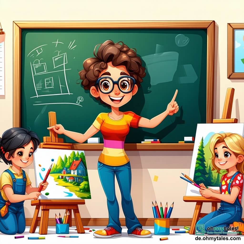 Eine lächelnde Lehrerin mit lockigem braunem Haar und runden Brillen steht vor einer großen Tafel. Sie trägt eine bunte Bluse und Jeans, und ihr Gesicht strahlt vor Stolz und Begeisterung, während sie die Arbeiten ihrer Schüler bewundert. Neben ihr zeigt ein 10-jähriger Junge mit zerzausten blonden Haaren und einem blauen T-Shirt auf ein wunderschönes Gemälde einer magischen Waldszene, seine Augen leuchten vor Aufregung. Ein 9-jähriges Mädchen mit schwarzen Zöpfen und einem Blumenkleid hält einen Pinsel und lächelt stolz über ihren Beitrag zum Gemeinschaftsprojekt. Der dekorierte Klassenraum ist hell, mit bunten Zeichnungen an den Wänden und einer großen Tafel voller Skizzen fantastischer Tiere. Holztische sind im Kreis angeordnet, und Stifte sowie Pinsel liegen verstreut auf den Tischen. Die Hauptsituation zeigt die Lehrerin und ihre Schüler, die gemeinsam ihr großes Kunstwerk, ein lebendiges und buntes Wandbild, enthüllen, das ihre Vorstellungskraft und Teamarbeit feiert, während die Eltern bewundernd applaudieren.