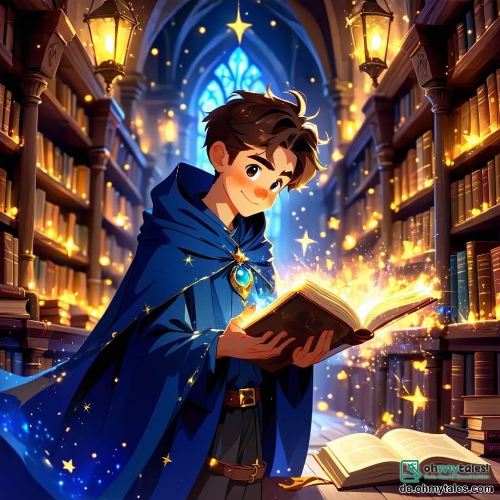 Im Zentrum des Bildes steht ein junger Zauberlehrling namens Finn, ein zwölfjähriger Junge mit zerzausten braunen Haaren und neugierigen Augen, vor einer majestätischen magischen Bibliothek. Er trägt einen dunkelblauen Zauberumhang, der mit funkelnden Sternen verziert ist, und sein Gesicht zeigt tiefes Staunen, während er ein altes leuchtendes Buch entdeckt. Neben ihm beobachtet Liora, ein zwölfjähriges Mädchen mit langen, welligen Haaren, in einem grünen Kleid mit Blumenmustern, aufmerksam ein altes Grimoire, das sie in den Händen hält. Ihr Ausdruck ist konzentriert, und sie beugt sich leicht zu Finn, um ihre Aufregung zu teilen. Die Kulisse ist eine verzauberte Bibliothek mit geschnitzten Holzregalen, die bis zur Decke reichen und mit alten Büchern mit goldenen Einbänden gefüllt sind. Magische Kristalle schweben in der Luft und werfen sanftes, farbenfrohes Licht, während Pergamente sanft um sie herumfliegen und eine Atmosphäre von Geheimnis und Magie schaffen. Die Hauptsituation zeigt Finn und Liora, die gemeinsam die Geheimnisse eines alten Buches entdecken, erleuchtet vom magischen Licht, das von den Seiten ausgeht, während sie von einer Aura des Geheimnisses und Abenteuers umgeben sind.