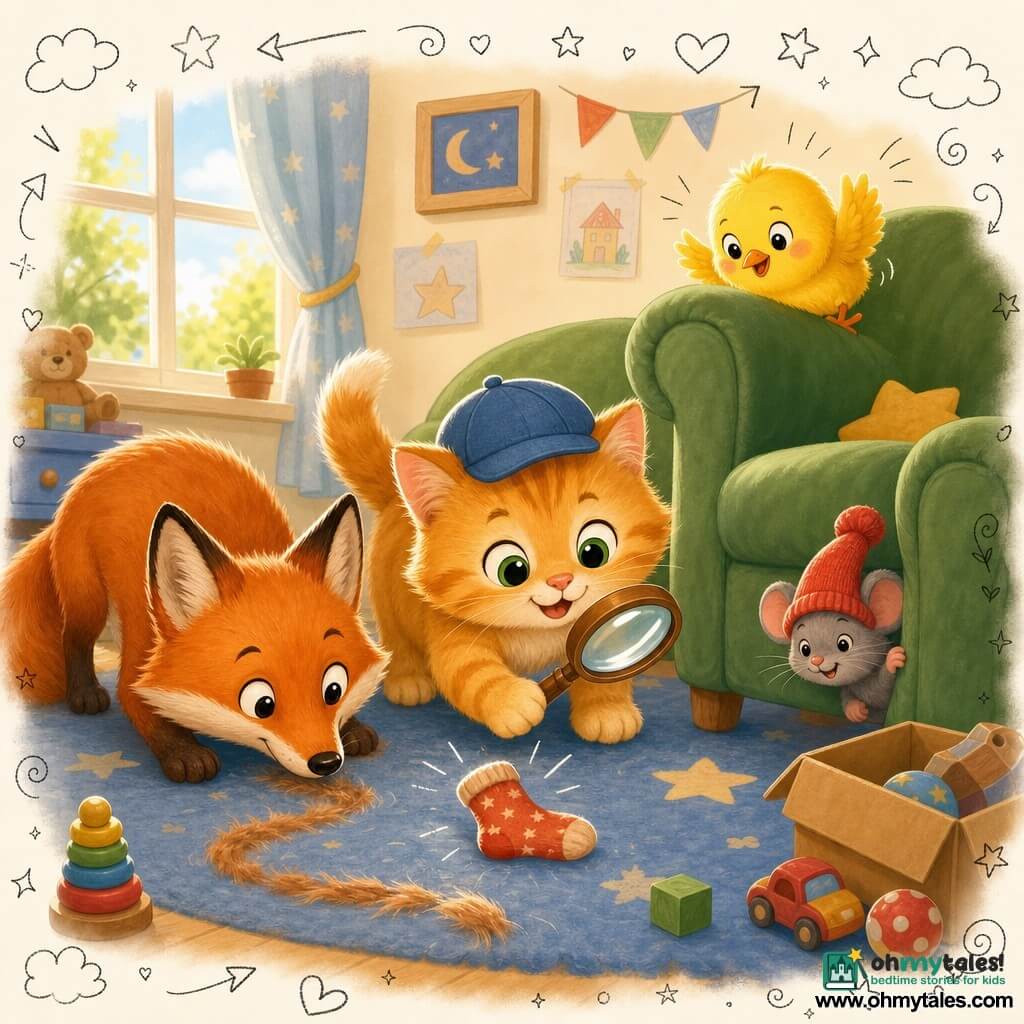 A kitten detective: small fluffy ginger kitten with bright green round eyes, curious happy expression, wearing a small blue hat and holding a wooden magnifying glass, sniffing a trail of fur. A fox sidekick: friendly round-featured red fox crouched to the kitten’s left following the trail with its nose to the ground. A chick side character: fluffy yellow chick perched on the back of a chair to the right, excitedly watching. A little mouse: shy gray mouse smiling and half-emerging from behind the chair wearing a red sock as a hat. Setting: colorful child’s bedroom with star-patterned rug, large green velvet armchair, open toy box and warm sunlight through a window. Main scene: joyful discovery of the missing sock — the small investigators circle the chair with happy, conspiratorial expressions, playful doodles of footprints and little stars around.