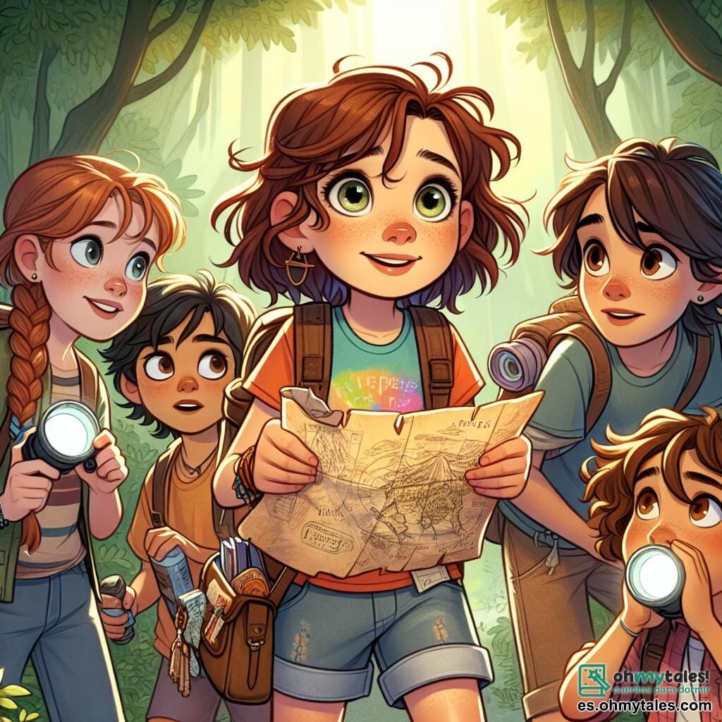 Clara, una niña de 11 años, está en el centro de la imagen, con cabello castaño alborotado y ojos llenos de curiosidad. Lleva una camiseta colorida, un short de mezclilla y una pequeña mochila llena de herramientas de exploración. Su rostro expresa gran emoción mientras sostiene un viejo trozo de papel, un tesoro de mapa, frente a ella. A su lado está Sofía, otra niña de 11 años, con trenzas y una sonrisa radiante. Ella sostiene una linterna y mira a Clara con admiración, lista para ayudarla en su aventura. Lucas, un niño de 12 años, está un poco atrás, con gafas y una expresión concentrada, examinando un plano de la montaña. Valentina, otra niña de 11 años, está junto a él, con cabello rizado y una mirada decidida, sosteniendo una mochila llena de suministros. El escenario es un bosque denso y verde, con árboles majestuosos y rayos de sol filtrándose a través del follaje, creando una atmósfera mágica. Al fondo, se ve una montaña imponente cubierta de niebla, que parece esconder secretos. La situación principal muestra a Clara y sus amigos descubriendo un viejo tesoro de mapa, listos para aventurarse, rodeados de la belleza salvaje de la naturaleza, con expresiones de determinación y emoción en sus rostros.