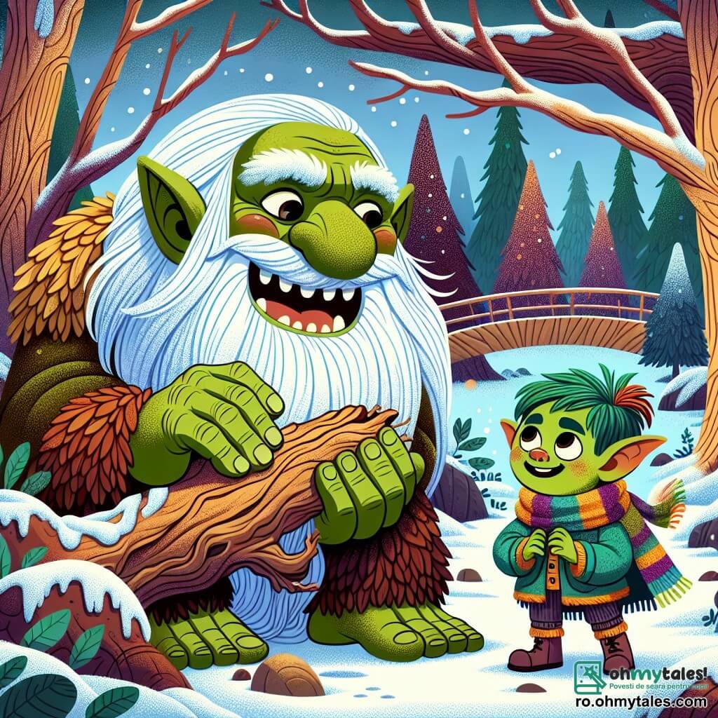 Un troll jovial numit Naki, cu o piele verde strălucitoare și o barbă lungă albă, stă sub un pod, crocănind un morcov uriaș, cu un zâmbet mare pe față. Lângă el, un goblin mic numit Glinglin, cu pielea verde și părul portocaliu aprins, poartă un fular multicolor și îl privește pe Naki cu ochi strălucitori de curiozitate, pregătit să-i ceară ajutorul. Locul este o pădure magică, cu copaci înalți și măreți, acoperiți cu zăpadă strălucitoare, iar solul este acoperit cu frunze înghețate, creând un peisaj feeric. Situația principală îi arată pe Naki și Glinglin discutând vesel, înconjurați de o atmosferă de mister și aventură, pregătindu-se să pornească în căutarea fulgilor magici de zăpadă dispăruți.
