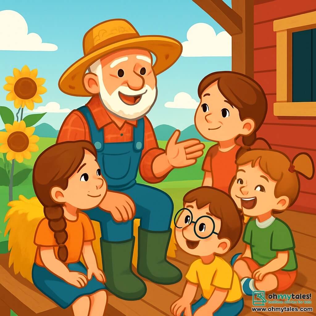 An elderly man, Grandpa Ben, smiling and warm-hearted, wears a wide straw hat and rubber boots. His hands are rough and tanned, showing many years of working the land. He sits on a hay bale, surrounded by young children. Mia, an 8-year-old girl with long braided brown hair, sits next to him, her eyes shining with wonder. Lucas, a 7-year-old boy with round glasses, leans forward, captivated by the story, while Jade, a 6-year-old girl with pigtails, laughs joyfully as she listens. The scene takes place on the wooden porch of a farm, with lush green fields stretching as far as the eye can see, golden sunflowers gently swaying in the wind, and a bright blue sky dotted with fluffy white clouds. In this illustration, Grandpa Ben tells a fascinating story about his life on the farm, surrounded by the children who listen attentively, their faces lit up with curiosity and excitement.