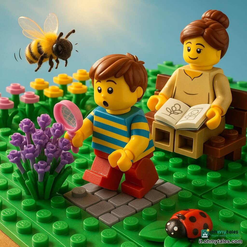 Bambino di 6 anni, viso tondo e capelli castani corti, sguardo stupito, si china verso un cespuglio di lavanda tenendo una piccola rete rosa, indossa una maglietta a righe blu e gialla e scarpe rosse; una donna adulta (madre) 30–40 anni, capelli castani raccolti a chignon, sorriso dolce, seduta su una panchina di legno a destra con un taccuino da disegno aperto, guarda il bambino con orgoglio; un'ape gialla e nera, corpo peloso e ali traslucide, vola su un fiore di lavanda con linee di movimento; una coccinella rossa a puntini neri su una grande foglia verde in primo piano; giardino di primavera con prato verde, file di fiori rosa, gialli e blu, un sentiero di pietre grigie, raggi di sole dorati e cielo azzurro; scena principale di scoperta calma e gioiosa, atmosfera luminosa e pacifica, colori vivaci e texture di mattoncini LEGO ben marcate