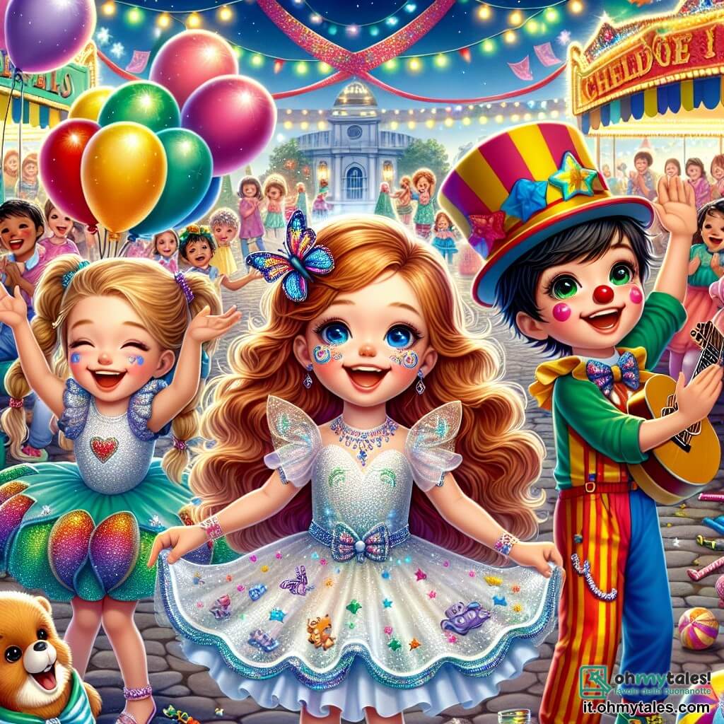 Una ragazza di 9 anni, Emma, con i capelli castani e ricci, indossa un costume di farfalla colorato con ali scintillanti. Il suo volto irradia gioia ed eccitazione mentre balla in mezzo alla festa. Accanto a lei, Marco, un ragazzo di 10 anni con capelli neri e occhi vivaci, indossa un costume da clown con un grande naso rosso e un sorriso contagioso. Tiene un palloncino a forma di animale e ride guardando Emma. Sofia, una ragazza di 9 anni con capelli biondi intrecciati, è travestita da principessa e applaude con entusiasmo, stando un po' indietro. Il luogo è una piazza animata, decorata con bandierine colorate e luci scintillanti, con bancarelle di giochi e dolcetti. Musicisti suonano musica gioiosa, e i bambini ridono e ballano attorno a una grande fontana al centro. La scena principale mostra Emma e i suoi amici mentre ballano e si divertono, circondati da colori vivaci e magia, mentre scoprono il tesoro nascosto del carnevale, simboleggiando l'amicizia e la gioia.
