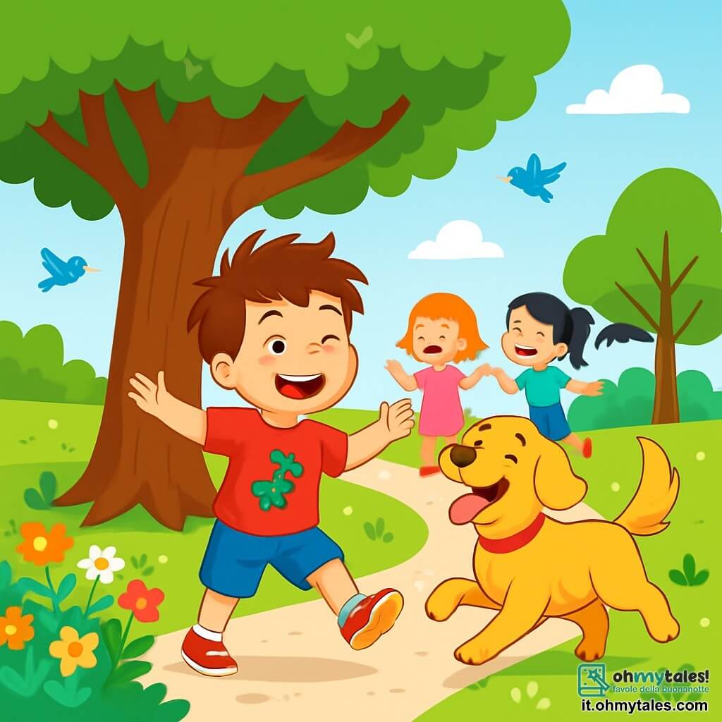 Un ragazzo di 8 anni, Max, con i capelli castani arruffati e occhi pieni di curiosità, balla felicemente attorno a un grande albero di quercia, con un ampio sorriso sul volto. Indossa una maglietta rossa con un disegno di dinosauro e un pantaloncino di jeans. Accanto a lui, il suo fedele cane Poldo, un golden retriever con il pelo dorato, salta con entusiasmo, con la lingua penzoloni e gli occhi brillanti di malizia. Il luogo è un parco soleggiato, con fiori colorati che costeggiano un sentiero di ghiaia, risate di bambini in sottofondo e uccelli che volano in un cielo azzurro. La scena principale mostra Max e Poldo che ballano e cantano attorno all'albero, circondati da alcuni bambini che si uniscono a loro, ridendo e divertendosi insieme, creando un'atmosfera gioiosa e festosa.
