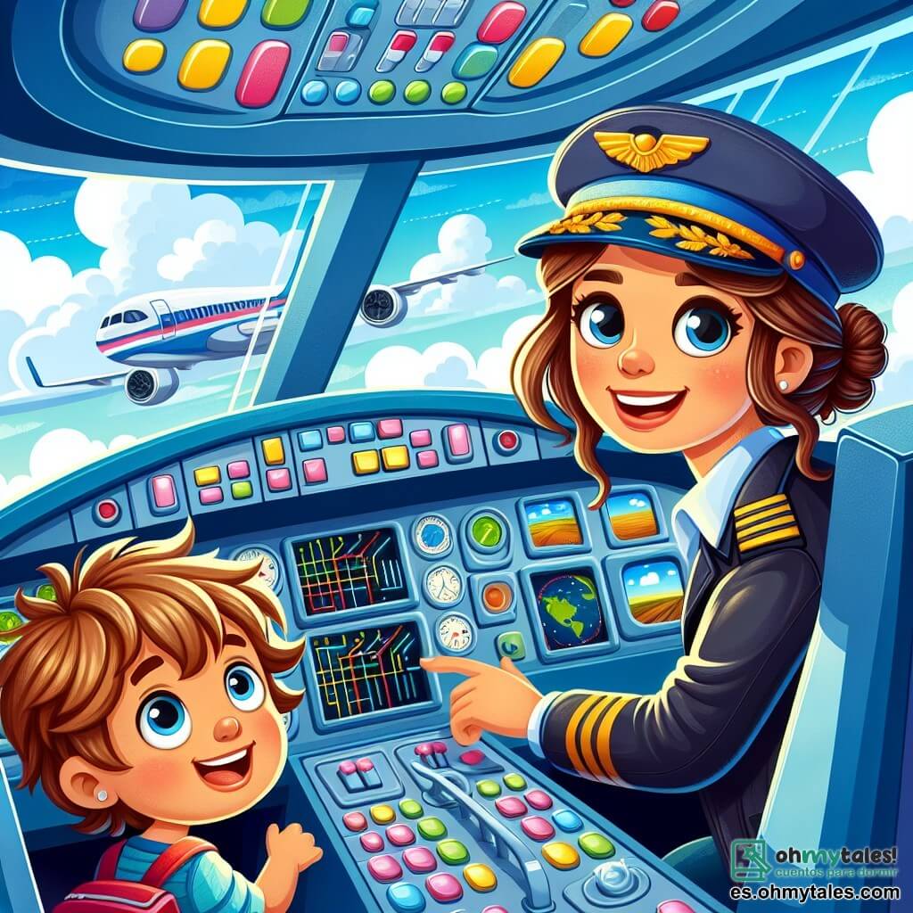 Una piloto mujer, la capitana Sofía, está en la cabina de un gran avión. Tiene el cabello castaño recogido en un moño y lleva una gorra azul y una chaqueta brillante. Su rostro irradia alegría y determinación, con una gran sonrisa que muestra su entusiasmo. A su lado, un niño de 7 años, Leo, con una carita redonda y cabello rubio despeinado, mira con asombro por la gran ventana de la cabina. Lleva una mochila roja y una bufanda amarilla que ondea ligeramente. La cabina está llena de botones de colores, pantallas luminosas y una vista espectacular de un cielo azul salpicado de nubes blancas. Al fondo, se ven nubes grises alejándose, dejando lugar a un sol radiante. La escena principal muestra a Sofía pilotando el avión con confianza, mientras Leo, cautivado, observa el hermoso paisaje debajo de ellos, donde se ven campos verdes y ríos brillantes.