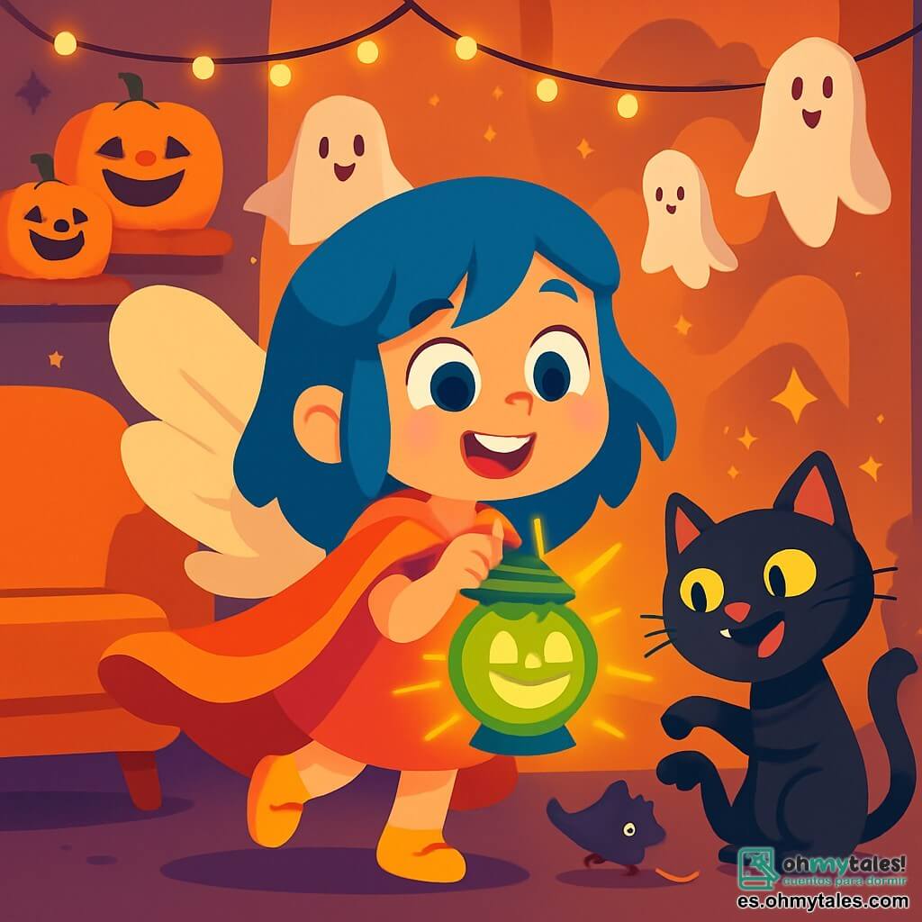 Luna, una niña con grandes alas morales y cabello azul, sonríe maravillada, sosteniendo una linterna mágica verde que brilla intensamente en sus manos. Lleva una capa naranja que flota a su alrededor, y sus ojos brillan de emoción. A su lado, Don Melindres, un gran gato negro con ojos amarillos chispeantes, se mantiene sobre sus patas traseras, jugando con un pequeño ratón de juguete, mostrando una expresión traviesa. El escenario es una sala cálida, decorada con calabazas sonrientes, fantasmas de tela flotantes y luces centelleantes que bailan en las paredes. Sombras bailan alegremente a su alrededor, creando una atmósfera mágica y festiva. La situación principal muestra a Luna y Don Melindres divirtiéndose juntos, rodeados de sus amigos fantasmas y calabazas, en un ambiente alegre y lleno de risas, celebrando Halloween con magia y felicidad.