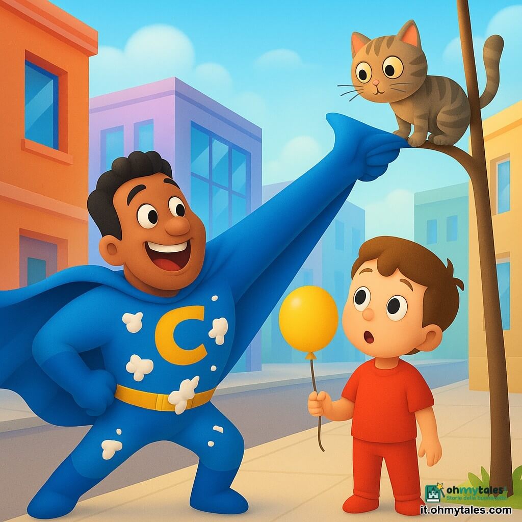 Un supereroe comico uomo dal volto gioioso e sorriso largo, con una mantella elastica blu allungata e macchie bianche di crema pasticcera sul costume, la tende verso un gattino; un bambino di circa 5 anni, capelli castani corti e vestito rosso, tiene un palloncino giallo tondo e guarda ammirato accanto al supereroe; un piccolo gatto tigrato arancio-grigio con occhi rotondi e baffi sottili è appollaiato su un ramo alto e guarda giù; la scena è in una strada cittadina moderna con marciapiede chiaro, palazzi colorati e finestre lucide sotto un cielo azzurro con nuvolette; il supereroe tira delicatamente il mantello per far scendere il gatto mentre il bambino aspetta, atmosfera luminosa, colori vivaci, forme semplici ed espressioni esagerate e amichevoli.