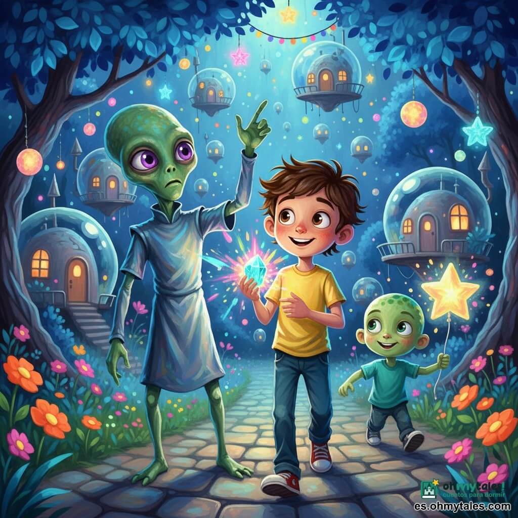 Hay 3 personajes: Lucas, niño de 9 años, pelo castaño despeinado, ojos redondos y curiosos, camiseta amarilla y vaqueros, sostiene un pequeño cristal luminoso en la mano derecha y sonríe caminando en el centro; Zulu, extraterrestre adulto de piel verde satinada, tres brazos finos y grandes ojos amatista, con una túnica irisada azul-plata, a la izquierda de Lucas mostrando las luces; Tiki, extraterrestre niño de piel verde clara con manchas y ojos pícaros, sostiene un globo luminoso en forma de estrella y corre a la derecha mirando el cristal. Lugar: pueblo nocturno de Zog con casas burbuja translúcidas flotantes, árboles azul cobalto de hojas cristalinas, flores neón naranja y magenta y un camino empedrado de piedras luminosas que centellean como luciérnagas. Situación: fiesta de las luces — los tres reúnen el cristal de energía para encender las casas; estallidos de color (turquesa, rosa, amarillo) salen del cristal, reflejos brillantes en los rostros, ambiente cálido y de asombro, composición centrada en el trío rodeado de decoraciones flotantes.
