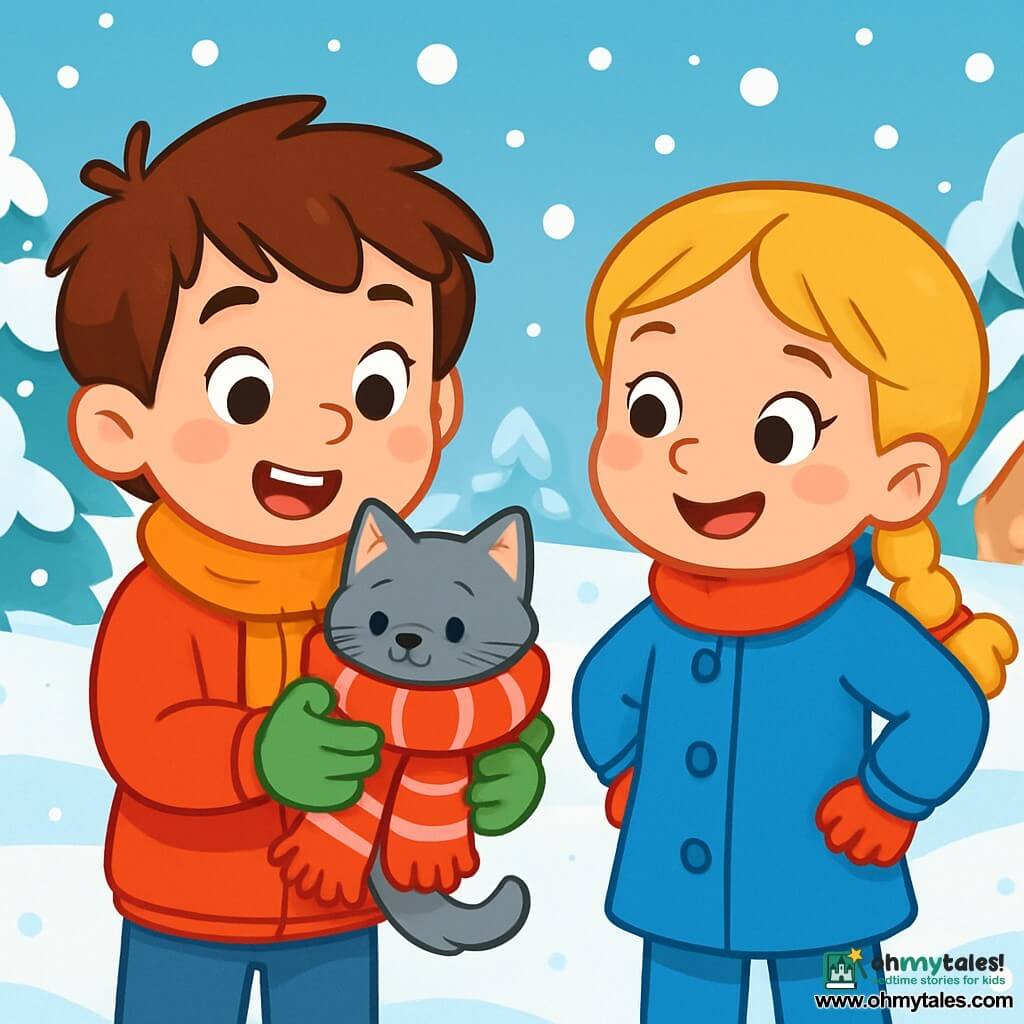 A 6-year-old boy, Max, with messy brown hair and rosy cheeks, smiles in wonder as he holds a small gray kitten in his arms, wrapped in a red and white striped scarf. Next to him, a 6-year-old girl, Emma, with braided blonde hair and a bright blue coat, looks at the kitten with sparkling eyes, hands on her hips. They are in a snowy garden, where snowflakes gently fall, covering the ground with a thick layer of shiny snow. The scene is filled with winter magic, with snow-laden trees and snow-covered rooftops in the background, creating a warm and joyful atmosphere. Max and Emma, surrounded by sparkling snow, share a tender moment as they help the lost kitten.