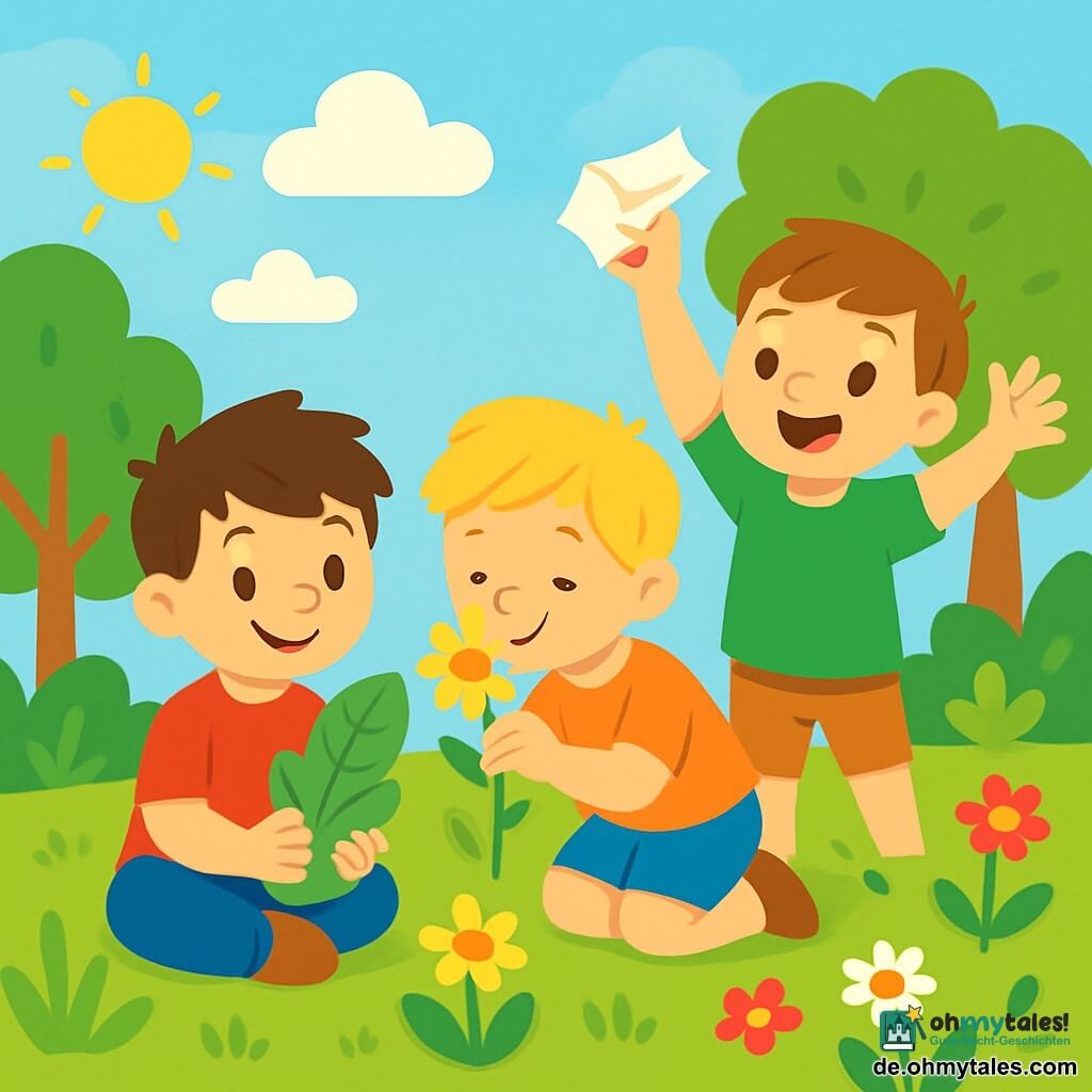 Es gibt drei Charaktere: Max, ein 6-jähriger Junge mit zerzausten braunen Haaren und einem roten T-Shirt, sitzt im Gras, lächelt und hält ein großes grünes Blatt. Leo, ein 5-jähriger Junge mit blonden Haaren und einer blauen Shorts, kniet neben Max und riecht eine schöne gelbe Blume. Ben, ein 6-jähriger Junge mit kastanienbraunen Haaren und einem grünen T-Shirt, steht hinter Max und hebt die Arme mit einem Stück Papier, das er gerade aufgehoben hat. Die Szene spielt in einem sonnigen Garten voller bunter Blumen, grüner Bäume und gepflegtem Rasen. Der Himmel ist blau mit einigen fluffigen weißen Wolken. Die Hauptsituation zeigt die drei Freunde, die zusammen spielen und die Schönheit der Natur entdecken, während sie ein Stück Papier aufheben, um ihren Garten sauber zu halten. Sie sind glücklich und engagiert in einer ökologischen Aktion, umgeben von der Pracht der Natur.