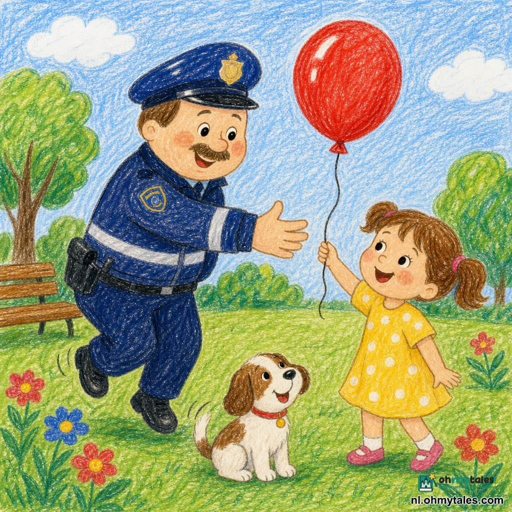 Een glimlachende, mollige agent met glanzend blauw petje en donkerblauwe jas met reflecterende strepen reikt om een rood, glanzend ballonnen terug te geven aan een meisje van ongeveer vijf in een gele jurk met witte stippen en bruine staartjes die aan het touwtje trekt; hij springt lichtjes op zijn tenen en heeft een zacht gezicht en kleine snor, naast hen zit een klein wit-bruin gevlekt hondje kwispelend op het groene gras in een park met ronde bomen, een bruine houten bank links en rode en blauwe bloemen, onder een lichtblauwe lucht, vriendelijke gezichten, felle kleuren en eenvoudige krijtachtige lijnen.