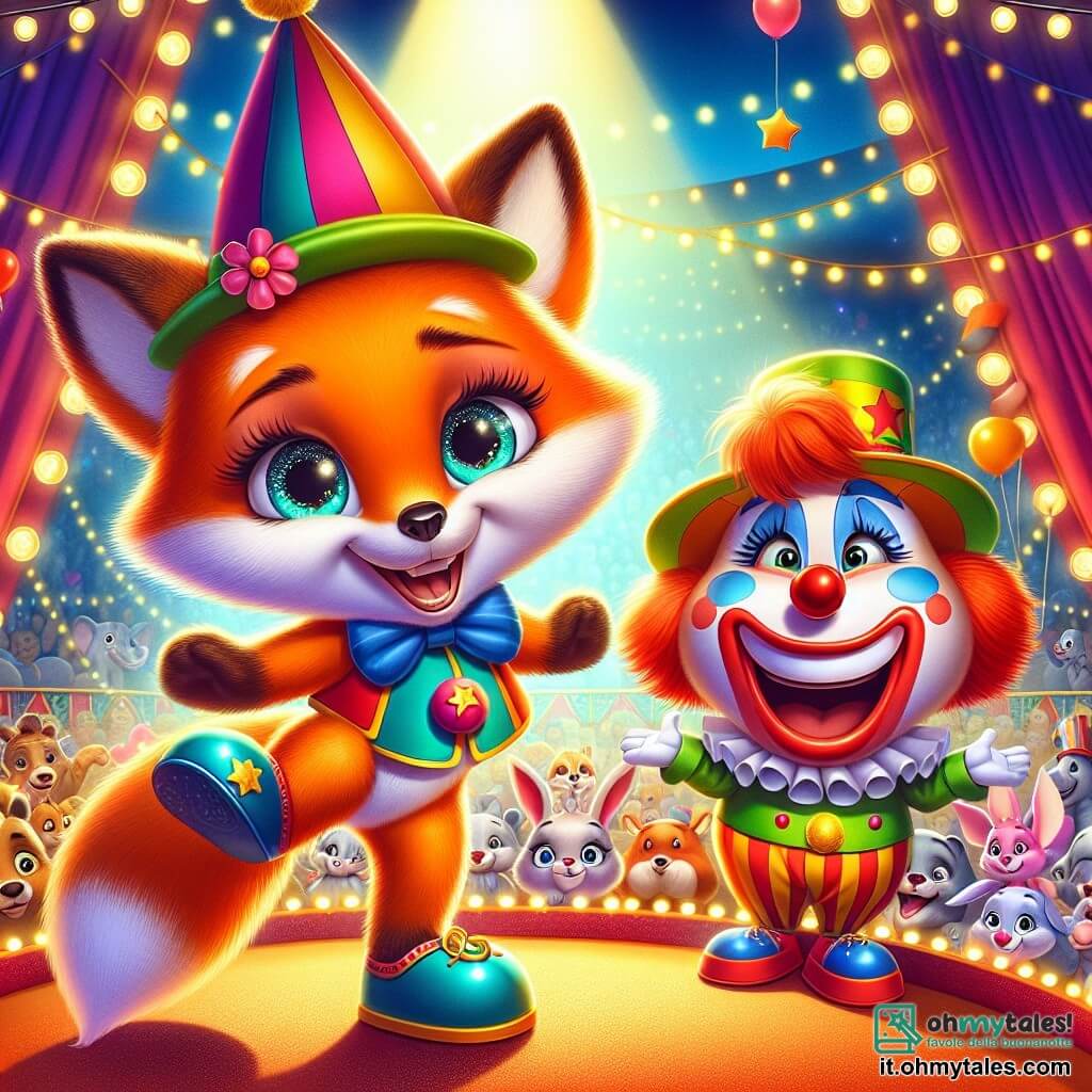 Al centro dell'immagine, Rocco, una giovane volpe dai peli arancioni vivaci e dagli occhi scintillanti di malizia, sta danzando gioiosamente sul palco, con un grande sorriso che esprime il suo entusiasmo. Indossa un piccolo cappello da clown colorato e delle scarpette brillanti che scintillano sotto i riflettori. Alla sua destra, Baldo, il clown birichino, con il suo naso rosso tondo e i capelli arruffati, ride a crepapelle applaudendo Rocco. Indossa un costume multicolore con grandi scarpe sproporzionate, aggiungendo un tocco comico alla scena. Sullo sfondo, la grande tenda del circo è decorata con luci scintillanti e bandierine colorate, mentre il pubblico di animali, composto da elefanti, conigli e uccelli, osserva con meraviglia, gli occhi brillanti di eccitazione. La scena si svolge in un'atmosfera festosa, dove Rocco, pieno di gioia e determinazione, si prepara a compiere un grande salto, mentre Baldo incoraggia il suo amico con un grande sorriso. L'atmosfera è piena di risate e colori vivaci, catturando la magia del Circo delle Meraviglie.